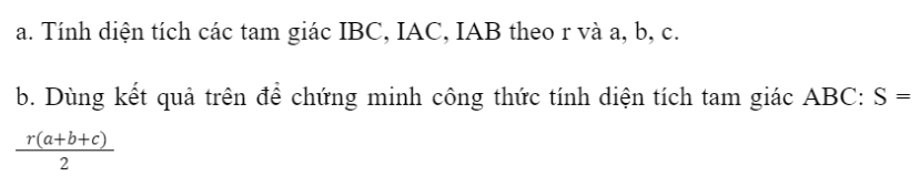 BÀI 2. ĐỊNH LÝ COSIN VÀ ĐỊNH LÝ SINKHỞI ĐỘNG Làm thế nào để tính độ dài cạnh chưa biết của hai tam giác dưới đây?Đáp án chuẩn:1. ĐỊNH LÍ CÔSIN TRONG TAM GIÁCBài 1: a. Cho tam giác ABC không phải là tam giác vuông với góc A  nhọn và CB . Vẽ đường cao CD và đặt tên các độ dài như trong Hình 1.Đáp án chuẩn:Bài 2: Tính các cạnh và các góc chưa biết của tam giác ABC trong Hình 4. Đáp án chuẩn:BC  16,834; B  70°45’; C  47°15’Bài 3: Tính khoảng cách giữa hai điểm ở hai đầu của một hồ nước. Biết từ một điểm cách hai đầu hồ lần lượt là 800 m và 900 m người quan sát nhìn hai điểm này dưới một góc 70° (Hình 5).Đáp án chuẩn:978,5147m.2. ĐỊNH LÍ SIN TRONG TAM GIÁCBài 1: Đáp án chuẩn:a.b) Bài 2: Tính các cạnh và các góc chưa biết của tam giác MNP trong Hình 8.Đáp án chuẩn:P = 34°; MN = NP = 22; MP  ≈ 36,5Bài 3: Trong một khu bảo tồn, người ta xây dựng một tháp canh và hai bồn chứa nước A, B để phòng hỏa hoạn. Từ tháp canh, người ta phát hiện đám cháy và số liệu đưa về như hình 9. Nên dẫn nước từ bồn chứa A hay B để dập tắt đám cháy nhanh hơn?Đáp án chuẩn:Nên dẫn nước từ bồn chứa A 3. CÁC CÔNG THỨC TÍNH DIỆN TÍCH TAM GIÁCBài 1: Cho tam giác như Hình 10.a. Viết công thức tính diện tích S của tam giác ABC theo a và hab. Tính ha theo b và sinC.Đáp án chuẩn:Bài 2: Cho tam giác ABC có BC = a, AC = b, AB = c và (1; r) là đường tròn nội tiếp tam giác (Hình 11).Đáp án chuẩn:Bài 3: Tính diện tích tam giác ABC và bán kính đường tròn ngoại tiếp tam giác ABC trong các trường hợp sau:a. Các cạnh b = 14, c = 35 và A=60° b. Cách cạnh a = 4, b = 5, c = 3.Đáp án chuẩn:Bài 4: Tính diện tích một cánh buồm hình tam giác. Biết cánh buồm đó có chiều dài cạnh là 3,2m và hai góc kề cạnh đó có số đo là 48° và 105° (Hình 12)Đáp án chuẩn:S = 8,08 (m2)BÀI TẬP CUỐI SGK