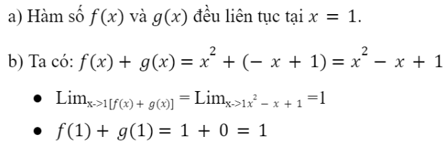 BÀI 17. HÀM SỐ LIÊN TỤC1. HÀM SỐ LIÊN TỤC TẠI MỘT ĐIỂMĐáp án chuẩn:f1=2lim f(x) =f(1)      x→1 Bài 2: Xét tính liên tục của hàm số tại điểm X0 = 0Đáp án chuẩn:hàm số f(x) liên tục tại x=02. HÀM SỐ LIÊN TỤC TRÊN MỘT KHOẢNGĐáp án chuẩn:đồ thị của hàm số y=f(x) là đường liền trên (0;1), còn đồ thị của hàm số y=gx trên (0;1) là các đoạn rời nhau.Đáp án chuẩn:(-∞; -2) và (-2; +∞)3. MỘT SỐ TÍNH CHẤT CƠ BẢNBài 1: Cho hai hàm số f(x)=x2 và g(x)=-x+1a) Xét tính liên tục của hai hàm số trên tại x = 1Đáp án chuẩn:Bài 2: Giải bài toán ở tình huống mở đầuĐáp án chuẩn:BÀI TẬP CUỐI SGK