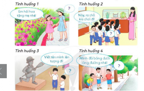 2. Tìm hiểu về quy định nơi công cộngCâu hỏi: a. Em đã từng đến nơi công cộng nào?b. Nơi công cộng thường có những quy định gì?Đáp án chuẩn:a. Em đã từng đến những nơi công cộng là công viên, bảo tàng, di tích, bệnh viện.b. Những nơi công cộng thường có những bảng hiệu quy định cấm đổ rác, vứt rác bừa bãi, không hút thuốc, nói nhỏ, xếp hàng,..3. Thảo luận sự cần thiết về quy định tuân thủ nơi công cộng