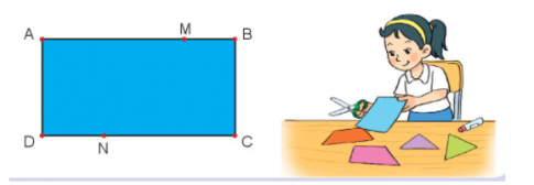 Hoạt động 1Bài 1: Nêu tên các đỉnh và các cạnh của mỗi hình (theo mẫu)Đáp án chuẩn:Bài 2: Nêu tên các hình tam giác và các hình tứ giác có trong hình dưới đây:Đáp án chuẩn:3 hình tam giác: tam giác ADC; tam giác ABC; tam giác BCE.3  hình tứ giác: tứ giác ABCD; tứ giác ABEC; tứ giác ABED.Bài 3: Mai đánh dấu một số điểm trên tờ giấy màu (như hình vẽ). Qua hai điểm trong các điểm đã đánh dấu, Mai có thể cắt tờ giấy theo đoạn thẳng nào để được:a) 2 hình tứ giác?b) 1 hình tam giác và 1 hình tứ giác?Đáp án chuẩn:a) Mai có thể cắt tờ giấy theo đoạn thẳng MN để tạo 2 hình tứ giácb) Mai có thể cắt tờ giấy theo đoạn thẳng NB hoặc MC hoặc AN hoặc DMHoạt động 2Bài 1: a) Trong các hình dưới đây, hình nào là hình vuông?b) Trong các hình dưới đây, hình nào là hình chữ nhật?Đáp án chuẩn:a) Hình vuông EGHIb) Hình chữ nhật là: MNPQ, RTXYBài 2: Số?Bằng cách đo trên hình vẽ, hình vuông ABCD có độ dài cạnh là ? cm; hình chữ nhật MNPQ có chiều dài là ? cm và chiều rộng là ? cmĐáp án chuẩn:Học sinh tự đo và điền vào câu trả lờiBài 3: Chọn câu trả lời đúng.Để cắt tờ giấy như hình bên thành một hình vuông, Rô-bốt cần cắt theo đoạn thẳng nào dưới đây?A. Đoạn thẳng MQB. Đoạn thẳng PNC. Đoạn thẳng PQD. Đoạn thẳng MNĐáp án chuẩn:D. Đoạn thẳng MNLuyện tập