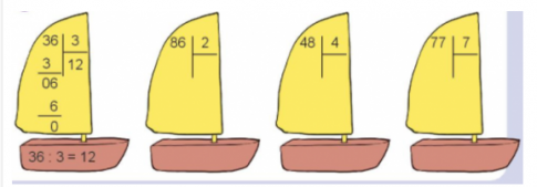 Hoạt động 1Bài 1: TínhĐáp án chuẩn:Bài 2: Tính nhẩm (theo mẫu)60 : 280 : 490 : 960 : 3Đáp án chuẩn:60 : 2 = 3080 : 4 = 2090 : 9 = 1060 : 3 = 20Bài 3: Tìm thừa sốĐáp án chuẩn:                     Hoạt động 2Bài 1: TínhĐáp án chuẩn:Bài 2: Bác Hoa mang 75 quả trứng gà ra chợ bán. Bác chia đều số trứng gà đó vào 3 rổ. Hỏi mỗi rổ có bao nhiêu quả trứng gà?Đáp án chuẩn:Mỗi rổ có 25 quả trứng gà.Bài 3: Tìm các phép chia có số dư là 3Đáp án chuẩn:Các phép chia có số dư là 3 là:   53 : 5   73 : 7Luyện tập