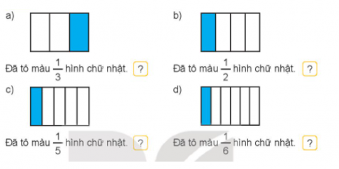 Hoạt độngBài 1: Đ, S ?Đáp án chuẩn:Bài 2: Chọn cách đọc phù hợp với cách viết một phần mấy ở mỗi hìnhĐáp án chuẩn:A: Một phần nămB: Một phần baC: Một phần haiD: Một phần tưBài 3: Đã khoanh vào  số hạt dẻ của hình nào?Đáp án chuẩn:Chọn BLuyện tập