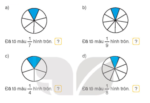 Hoạt độngBài 1: Đ, S ?Đáp án chuẩn:Bài 2: Chọn cách đọc phù hợp với cách viết một phần mấy ở mỗi hìnhĐáp án chuẩn:A: Một phần nămB: Một phần baC: Một phần haiD: Một phần tưBài 3: Đã khoanh vào  số hạt dẻ của hình nào?Đáp án chuẩn:Chọn BLuyện tập