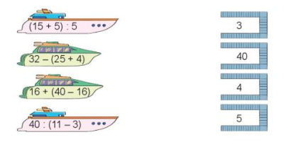 Hoạt động 1Bài 1: Tính giá trị của biểu thức ( theo mẫu)a. 27 - 7 + 30b. 60+ 50 - 20c. 9 x 4Đáp án chuẩn:a. 50b. 90c. 36Bài 2: Chọn số là giá trị của mỗi biểu thứcĐáp án chuẩn:Hoạt động 2Bài 1: Tính giá trị của biểu thức (theo mẫu)a. 30 : 5 x 2b. 24 + 5 x 6c. 30 - 18 : 3Đáp án chuẩn:a. 12b. 54c. 24Bài 2: Chọn số là giá trị của mỗi biểu thứcĐáp án chuẩn:Hoạt động 3 Bài 1: Tính giá trị biểu thức theo mẫua. 45 : ( 5 + 4) b. 8 x ( 11 - 6)c. 42 - ( 42 - 5)Đáp án chuẩn:a. 5b. 40c. 5Bài 2: Chọn số là giá trị của mỗi biểu thức:Đáp án chuẩn:Luyện tập 