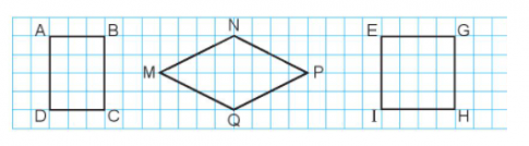 Hoạt động 1Bài 1: Nêu tên các đỉnh và các cạnh của mỗi hình (theo mẫu)Đáp án chuẩn:Bài 2: Nêu tên các hình tam giác và các hình tứ giác có trong hình dưới đây:Đáp án chuẩn:3 hình tam giác: tam giác ADC; tam giác ABC; tam giác BCE.3  hình tứ giác: tứ giác ABCD; tứ giác ABEC; tứ giác ABED.Bài 3: Mai đánh dấu một số điểm trên tờ giấy màu (như hình vẽ). Qua hai điểm trong các điểm đã đánh dấu, Mai có thể cắt tờ giấy theo đoạn thẳng nào để được:a) 2 hình tứ giác?b) 1 hình tam giác và 1 hình tứ giác?Đáp án chuẩn:a) Mai có thể cắt tờ giấy theo đoạn thẳng MN để tạo 2 hình tứ giácb) Mai có thể cắt tờ giấy theo đoạn thẳng NB hoặc MC hoặc AN hoặc DMHoạt động 2Bài 1: a) Trong các hình dưới đây, hình nào là hình vuông?b) Trong các hình dưới đây, hình nào là hình chữ nhật?Đáp án chuẩn:a) Hình vuông EGHIb) Hình chữ nhật là: MNPQ, RTXYBài 2: Số?Bằng cách đo trên hình vẽ, hình vuông ABCD có độ dài cạnh là ? cm; hình chữ nhật MNPQ có chiều dài là ? cm và chiều rộng là ? cmĐáp án chuẩn:Học sinh tự đo và điền vào câu trả lờiBài 3: Chọn câu trả lời đúng.Để cắt tờ giấy như hình bên thành một hình vuông, Rô-bốt cần cắt theo đoạn thẳng nào dưới đây?A. Đoạn thẳng MQB. Đoạn thẳng PNC. Đoạn thẳng PQD. Đoạn thẳng MNĐáp án chuẩn:D. Đoạn thẳng MNLuyện tập