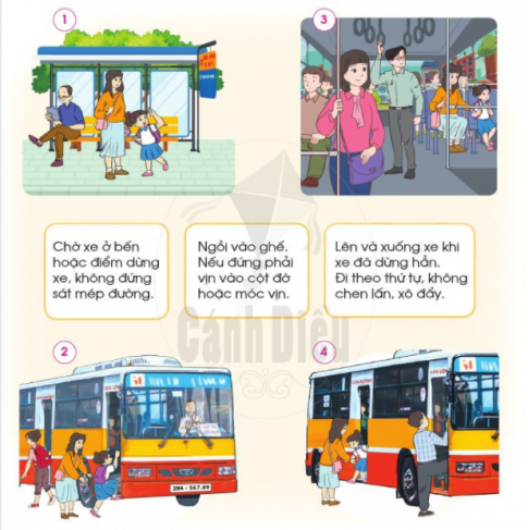 2. An toàn khi đi xe buýtCâu 1: Dựa vào các hình và thông tin dưới đây, nêu 1 số quy định khi đi xe buýt?Trả lời:Một số quy định khi đi xe buýt:- Đợi xe buýt đứng sát mép đường.- Ngồi vào ghế; nếu đứng phải vịn vài cột đỡ hoặc móc vịn- Lên và xuống xe khi xe đã dừng hẳn, đi theo thứ tự không chen lấn, xô đẩy.Câu 2: Chia sẻ với các bạn và những người xung quanh về cách đi xe buýt để đảm bảo an toàn? Trả lời:Chia sẻ với các bạn và những người xung quanh về cách đi xe buýt để đảm bảo an toàn: - Đợi xe buýt đứng sát mép đường; Ngồi vào ghế; nếu đứng phải vịn vài cột đỡ hoặc móc vịn; Lên và xuống xe khi xe đã dừng hẳn, đi theo thứ tự không chen lấn, xô đẩy.3. An toàn khi đi thuyền