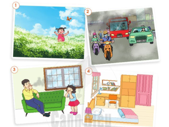 2. Tránh xa nơi có khói, bụiCâu 1: Trong các hình dưới đây, hình nào không khí có chứa nhiều khói bụi?Trả lời:Hình không khí có chứa nhiều khói bụi: hình 2, 3.Câu 2: Em cảm thấy như thế nào khi phải thở không khí có nhiều khói bụi?Trả lời:Em cảm thấy khó chịu và mệt mỏi khi phải thở không khí có nhiều khói bụiCâu 3: Tại sao chúng ta nên tránh xa nơi có khói bụi?Trả lời:Bởi vì: khói bụi chứa rất nhiều chất độc hại, khi chúng ta hô hấp có thể dễ hít vào gây ảnh hưởng đến sức khỏe.Câu 4: Trong trường hợp phải tiếp xúc với không khí có nhiều khói, bụi, chúng ta cần làm gì?Trả lời:Trong trường hợp phải tiếp xúc với không khí có nhiều khói, bụi, chúng ta cần: đeo khẩu trang để tránh được phần nào độc hại.3. Một số việc nên và không nên làm để để bảo vệ cơ quan hô hấp