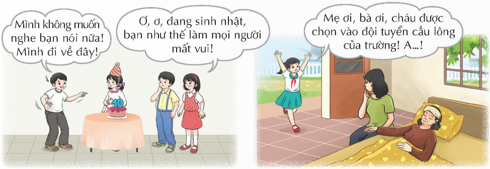 CHỦ ĐỀ: EM LỚN LÊN MỖI NGÀY - TUẦN 4CHÀO CỜ: SỰ TRƯỞNG THÀNH CỦA HỌC SINH LỚP 5- Giao lưu, chia sẻ về sự trưởng thành của học sinh lớp 5 dưới mái trường tiểu học.- Kể về khoảnh khắc đáng nhớ trong những năm học tại trường.Đáp án chuẩn:- Khoảnh khắc đáng nhớ: + Giành giải nhất Rung chuông vàng.+ Tham quan di tích lịch sử.+ Đạt giải nhì hùng biện.HOẠT ĐỘNG GIÁO DỤC: THỂ HIỆN CẢM XÚC PHÙ HỢP1. Tìm hiểu về cách thể hiện cảm xúc.- Quan sát tranh và chỉ ra những điều chưa phù hợp trong cách thể hiện cảm xúc của nhân vật.- Đề xuất cách thể hiện cảm xúc phù hợp cho tình huống trong tranh.Đáp án chuẩn:Tình huốngNhững điều chưa phù hợpCách thể hiện cảm xúc phù hợpTình huống 1Bạn nam bỏ buổi sinh nhật, đi về.Bình tĩnh và suy nghĩ, bản thân buồn => ở lại, tránh ảnh hưởng mọi người.Tình huống 2Bạn nữ nói lớn khi bà đang ốm.Nhẹ nhàng lại gần mẹ, nói nhỏ chia sẻ.2. Thực hành thể hiện cảm xúc phù hợp- Nêu những tình huống mang lại cảm xúc tích cực hoặc tiêu cực cho em.- Chia sẻ cách thể hiện cảm xúc của em trong tình huống đó.- Mỗi nhóm lựa chọn một tình huống để sắm vai thể hiện kĩ năng kiểm soát cảm xúc.+ Tình huống 1: Giờ ra chơi, Hiếu tình cơ nghe thấy Nam và Bình ngồi cuối lớp đang nói những điều không hay về mình.+ Tình huống 2: Nhân dịp sinh nhật, An được bố tặng máy chơi điện tử cầm tay. An rất thích và giữa gìn cẩn thận món đồ này. Anh Minh hàng xóm trong một lần sang chơi đã vô tình làm hỏng nó.Đáp án chuẩn:- Một số tình huống mang lại cảm xúc tích cực và tiêu cựcTình huống mang cảm xúc tích cựcTình huống mang cảm xúc tiêu cực- Sinh nhật bất ngờ.- Nhặt được tiền và trả lại công an.- Bạn nam trêu đùa, giật tóc ngã trong lớp.- Mất hộp bút màu, Tuấn đổ lỗi cho bạn cùng bàn.- Cách thể hiện cảm xúc:+ Cảm xúc tích cực: Vui sướng, biết ơn, hạnh phúc.+ Cảm xúc tiêu cực: Hít thở sâu, bình tĩnh, suy nghĩ tích cực.- Xử lý:+ Tình huống 1:Hít thở sâu, bình tĩnh.Suy nghĩ tích cực.Lại gần các bạn, giải thích cởi mở.+ Tình huống 2:Hít thở sâu, bình tĩnh.Đặt mình vào vị trí đối phương.Suy nghĩ tích cực.Vui vẻ giải thích, đề xuất giải pháp.SINH HOẠT LỚP: KHẢ NĂNG KIỂM SOÁT CẢM XÚC