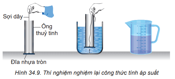 BÀI 34 KHỐI LƯỢNG RIÊNG. ÁP SUẤT CHẤT LỎNGI. Khối lượng riêngCâu 1:Tại sao khối lượng riêng của một chất lại hụ thuộc vào nhiệt độ ?Giải nhanh:Khối lượng riêng được tính bằng thương số giữa khối lượng và thể tích.Khối lượng luôn không thay đổi.Thể tích tăng (giảm) khi nhiệt độ tăng (giảm).Do đó, khối lượng riêng của một chất phụ thuộc vào nhiệt độ.Câu 2: Một hợp kim đồng và bạc có khối lượng riêng là 10,3g/cm3. Tính khối lượng của bạc và đồng có trong 100g hợ kim. Biết khối lượng riêng của đồng là 8,9 g/cm3 , của bạc là 10,4 g/cm3Giải nhanh:Gọi m1,v1,D1 lần lượt là khối lượng, thể tích, khối lượng riêng của bạcGọi m2,v2,D2 lần lượt là khối lượng, thể tích, khối lượng riêng của đồngTa có : m1+m2 = 10.3 (1)v1+v2 = 1 => m1/D1+m2/D2 = 1 =>m1/10,4+m2/8,9 =1 (2)Từ (1) => m1 = 10.3-m2Thay vào (2) ta suy ra : 91,67 - 8,9m2 + 10,4 m2= 92,56 => 1,5 m2=0,89 => m2=0,59 => m1= 9,71Như vậy trong 10,3g hỗn hợ thì có 0,89g đồng và 9,71g bạc. => Trong 100g hỗn hợ sẽ có 5,73g đồng và 94,27g bạcII. Áp lực và áp suấtCâu 1: Hãy dựa vào hình 34.2 hãy cho biết độ lớn của áp lực phụ thuộc vào những yếu tố nào và phụ thuộc như thế nàoGiải nhanh:Độ lớn của áp lực phụ thuộc vào khối lượng của vật và diện tích bề mặt tiếp xúc.Câu 2: Trong hình 34.3, lực nào sau đây là lực đàn hồi , lực ma sát, áp lựca. Lực của chân em bé tác dụng lên sàn nhàb. Lực của tay em bé kéo hộ đồ chơic. Lực của hô đồ chơi tác dụng lên sàn nhàGiải nhanh:a) Chân em bé tác dụng lên sàn nhà một lực là áp lực.b) Tay em bé kéo hộp đồ chơi làm dây căng ra xuất hiện lực đàn hồi.c) Hộp đồ chơi có bánh xe đang lăn trên sàn nhà xuất hiện lực ma sát giữa bề mặt tiếp xúc của bánh xe và sàn nhà.Câu 3: Chứng minh rằng áp lực của cuốn sách tác dụng lên mặt bàn nằm nghiêng một góc α có độ lớn làGiải nhanhThành phần  ép lên mặt phẳng nghiêng theo phương vuông góc nên mặt phẳng nghiêng nên đóng vai trò là áp lực.P1 = P.cosα mà F= P1 => F= P.cosα Câu 4: Tại sao xe tặng năng hơn ô tô nhiều lần lại có thể chạy trên đất bùn ( hình 34.5a ) còn ô tô thì bị lún bánh và sa lầy trên chính quãng đường này ( hình 34.5b)Giải nhanh:Vì xe tăng dùng xích có bản rộng ( diện tích bị ép lớn ) nên áp suất gây ra bởi trọng lượng của xe tăng là nhỏ .Còn ô tô chạy bằng bánh, diện tích bị lớn nên á suất gây ra bởi trọng lượng của ô tô là lớn hơnCâu 5: Trong hai chiếc xẻng được vẽ ở hình 34.6, xẻng nào dùng để xén đất tốt hơn, xẻng nào dùng để xúc đất tốt hơn? Tại sao?Giải nhanh: Xẻng trong hình 34.6b dùng để xén đất tốt hơn vì :  có mũi nhọn, diện tích bị ép nhỏ nên gây ra áp suất lớn lên đất, dễ đi sâu được vào đất hơn do đó sẽ dễ xén đất hơn.Xẻng trong hình 34.6aXẻng trong hình 34.6a dùng để xúc đất tốt hơn vì : có mũi vuông nên phần diện tích bề mặt lớn hơn, do đó mỗi lần xúc sẽ xúc được nhiều đất hơn.  Câu 6: Một người nặng 50kg đứng trên mặt đất nằm ngang. Biết diện tích tiế xúc của bạn chân với đất là 0,015 m2. Tính áp suất người đó tác dụng lên mặt đất khi :a. Đứng cả hai chânb. Đứng một chânGiải nhanh:a. Khi đứng một chân thì ấ suất người đó lên mặt đất là 50.9,80,015 = 32 667,67(N/m2)b. Khi đứng hai chân thì: 50.9,80,015.2=16 333,34 (N/m2)BÀI 34 KHỐI LƯỢNG RIÊNG. ÁP SUẤT CHẤT LỎNG