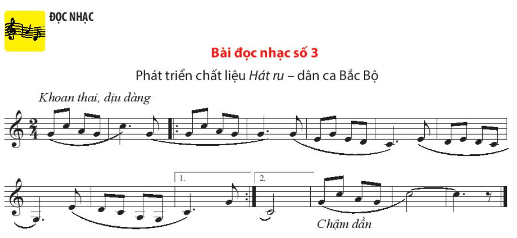 KHỞI ĐỘNGHS chơi Trò chơi hiểu biết âm nhạc.NỘI DUNG BÀI HỌC GỒMTìm hiểu Bài đọc nhạc số 3Luyện tậpVận dụngHOẠT ĐỘNG HÌNH THÀNH KIẾN THỨC1. Tìm hiểu Bài đọc nhạc số 3Trình bày nhận xét Bài đọc nhạc số 3Nội dung ghi nhớ- Dấu vòng cung gồm nhiều nốt.- Giai điệu khoan thai, dịu dàng.HOẠT ĐỘNG LUYỆN TẬPHS đọc Bài đọc nhạc số 3 cùng nhạc nền hoặc phần đệm của GV với nhịp độ thong thả, thể hiện tính chất mềm mại, khoan thai, dịu dàng và nét nhạc kết chậm dần.HOẠT ĐỘNG VẬN DỤNG