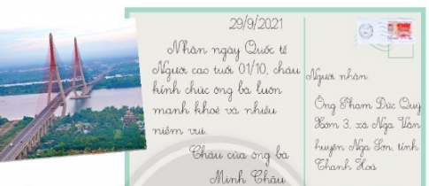 BÀI 2: BƯU THIẾPKHỞI ĐỘNGCâu hỏi: Nói với bạn điều em thấy trong tấm bưu thiếp dưới đây: Giải nhanh:Bưu thiếp của bạn Minh Châu gửi cho ông bà nhân ngày Quốc tế Người cao tuổi.KHÁM PHÁ VÀ LUYỆN TẬPCâu 1: Đọc: Bưu thiếp – Nguyễn Thị Hương1. Để làm bưu thiếp em cần chuẩn bị những gì?2. Nêu các việc cần làm ở bước 2 và bước 3.3. Có thể đảo trật tự bước 1 và bước 2 được không? Vì sao?4. Mặt trong của tấm bưu thiếp bao gồm những nội dung gì?Giải nhanh:1.  Giấy, bìa màu, kéo, thước, bút2. Trang trí và viết chữ Chúc mừng hoặc Thân tặng vào mặt ngoài Trang trí, viết lời chúc mừng vào mặt trong 3. Không thể đảo trật tự  vì sau khi cắt hình dạng tấm bưu thiếp rồi mới có thể vẽ trang trí.4. Ngày tháng, lời nhắn gửi, kí tên và địa chỉ người nhận.Câu 2: Viếta) Nhìn-viết: Ông tôib) Giải các câu đố sau, biết rằng lời giải đố có tiếng bắt đầu bằng ng hoặc ngh:Con gì bốn vó                       Ngực nở bụng thonRung rinh chiếc bờmPhi nhanh như gió?(Là con gì)Con gì ăn cỏĐầu nhỏ chưa sừngCày cấy chưa từngĐi theo trâu mẹ?( Là con gì )(c) Chọn chữ hoặc vần phù hợp với mỗi chỗ trống:Trả lời: a) Nhìn-viết: Ông tôib) Giải đố:Con ngựaCon nghéc) trìu mến, dịu dàng, ưu điểmrõ ràng, gòn ghẽ, ríu rítCâu 3: Tìm từ ngữ chỉ người thân xếp vào hai nhómHọ nội: ông nộiHọ ngoại: ông ngoạiGiải nhanh:Ông nội, bà nội, bác, chú, thím, anh, chị, em,..Ông ngoại, bà ngoại, cậu, mợ, anh, chị, em,…Câu 4: Đặt 1-2 câu có từ ngữ tìm được ở bài tập 3Giải nhanh:Cậu em là một ca sĩCâu 5: Đóng vai để nói lời chào phù hợp với từng trường hợp sauGiải nhanhCon chào mẹ con mới đi học về ạ.Cháu chào ông bà ạ.Con chào bố đi làm về ạ.Câu 6: Nói, viết lời xin lỗi.a) Đọc lời các nhân vật trong tranh.b) Cùng bạn đóng vai, nói và đáp lời xin lỗi trong từng trường hợp sau:Trong lúc đùa nghịch, em làm một bạn bị ngã.Em lỡ tay làm đổ ấm pha trà của ông bà.c) Viết lời xin lỗi em vừa nói ở bài tập b.Giải nhanh:a) Đọc lời các nhân vật trong tranh.b) Tớ xin lỗi, tớ vô ý quá! Cậu có sao không?/ Lần sau tớ sẽ chú ý hơn.Cậu tha lỗi cho tớ nhé?.Cháu xin lỗi ông, cháu lỡ tay làm đổ ấm pha trà/ Mong ông tha lỗi cho cháu. Cháu hứa lần sau không tái phạm nữa ạ.VẬN DỤNG