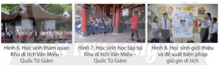 Khởi độngCâu hỏi: Em hãy nêu những hiểu biết về Văn Miếu - Quốc Tử GiámGiải nhanh:Văn Miếu – Quốc Tử Giám là quần thể di tích đa dạng phong phú của thành phố Hà Nội, nằm ở phía Nam kinh thành Thăng Long. Được xây dựng từ năm 1070Quần thể kiến trúc Văn Miếu – Quốc Tử Giám bao gồm: hồ Văn, khu Văn Miếu – Quốc Tử Giám và vườn Giám, mà kiến trúc chủ thể là Văn Miếu - nơi thờ Khổng Tử, và Quốc Tử Giám - trường đại học đầu tiên của Việt Nam.Khám phá1. Khu di tích Văn Miếu - Quốc Tử GiámCâu hỏi: Quan sát các hình từ 1 đến 5 và đọc thông tin, em hãy xác định một số công trình tiêu biểu thuộc Khu di tích Văn Miếu - Quốc Tử GiámGiải nhanh:Khuê Văn Các, Nhà bia Tiến sĩ, Khu Thái học.2. Một số công trình tiêu biểuCâu hỏi: Đọc thông tin và quan sát các hình 4, 5, em hãy: - Mô tả kiến trúc và chức năng của một công trình tiêu biểu trong khu di tích- Phát biểu cảm nghĩ về truyền thống hiếu học của dân tộc Việt NamGiải nhanh:Khuê Văn Các: được xây dựng vào năm 1805, có 8 mái, 2 tầng và một nóc ở trên. Nhà bia Tiến sĩ: được chia thành 2 dãy, gồm 82 tấm bia tương ứng với 82 khoa thi. Nhà bia Tiến sĩ được lập nhằm tôn vinh nhân tài và khuyến khích việc học tập trong toàn dân.Cảm nghĩ về truyền thống hiếu học: Học là quá trình lĩnh hội, tiếp thu tri thức của con người, chính vì thế mỗi cá nhân chúng ta luôn luôn có tinh thần ham học hỏi, luôn cố gắng rèn luyện để phát triển cho bản thân, là người công dân có ích cho gia đình và cho xã hội. 3. Biện pháp giữ gìn di tích lịch sửCâu hỏi: Đọc thông tin và quan sát các hình 6, 7, 8, em hãy đề xuất một số biện pháp để giữ gìn Khu di tích Văn Miếu - Quốc Tử GiámGiải nhanh:Một số biện pháp:Nâng cao ý thức của khách tham quanGiáo dục ý thức bảo vệ di tíchĐầu tư việc trùng tu các công trình trong di tíchLuyện tậpCâu hỏi: Em hãy xác định vị trí của nhà bia Tiến sĩ trên hình 3 và cho biết nhà bia được xây dựng nhằm mục đích gì.Giải nhanh:Vị trí của Nhà bia Tiến sĩ:Nhà bia được xây dựng nhằm tôn vinh nhân tài và khuyến khích việc học tập.Vận dụng