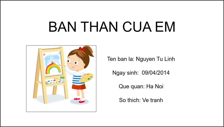 MA TRẬN ĐỀ THI CUỐI HỌC KÌ II - TIN HỌC 3 CÁNH DIỀUNĂM HỌC 2022 – 2023 NỘI DUNGMỨC ĐỘTổng số câu Điểm sốNhận biếtThông hiểuVận dụngVD caoTNTLTNTLTNTLTNTLTNTLLàm quen với thư mục lưu trữ thông tin trong máy tính1       1 0,5Sử dụng thông tin cá nhân trong môi trường số một cách phù hợp1       1 0,5Làm quen với bài trình chiếu đơn giản1       1 0,5Sử dụng phần mềm luyện tập thao tác với chuột máy tính1       1 0,5Sử dụng công cụ đa phương tiện để tìm hiểu thế giới tự nhiên1       1 0,5Thực hiện công việc theo các bước  11  1 213,0Nhiệm vụ của em và sự trợ giúp của máy tính1    1  114,5Tổng số câu TN/TL6 11 11 82 Điểm số3,0 0,52,0 4,00,5 4,06,010Tổng số điểm3,0 điểm30%2,5 điểm25%4,0 điểm40%0,5 điểm5%10 điểm100%100%A. TRẮC NGHIỆM (4 điểm)Câu 1. Máy tính có thể chứa những loại tệp nào?A. Văn bản               B. Hình ảnh             C. Video                  D. Tất cả đáp án trênCâu 2. Theo em, những thông tin nào dưới đây không phải là thông tin cá nhân và gia đình?A. Bài thơ em thích.                                 B. Số điện thoại của bố.C. Nơi làm việc của mẹ.                           D. Địa chỉ của nhà em.Câu 3. Tên gọi của phần mềm tạo bài trình chiếu dưới đây là gì?A. Microsoft Word                                  B. Microsoft PowerpointC. Microsof Excel                                   D. Microsoft TeamsCâu 4.  Dùng ngón tay giữa lăn nút cuộn chuột theo chiều tiến lên phía trước hoặc lùi lại phía sau