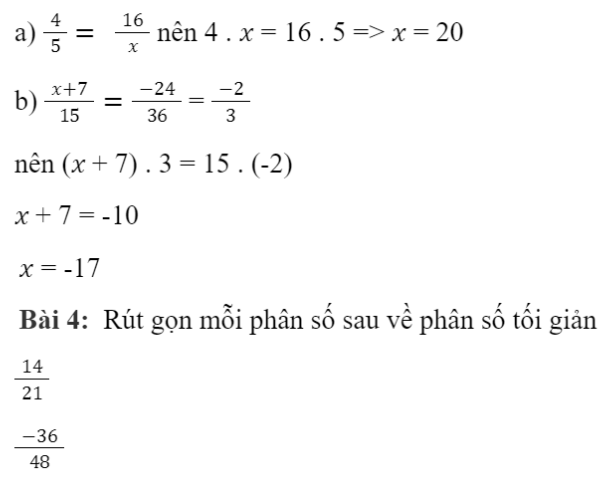 CHƯƠNG 5. PHÂN SỐ VÀ SỐ THẬP PHÂNBÀI 1: PHÂN SỐ VỚI TỬ VÀ MẪU LÀ SỐ NGUYÊN1. KHÁI NIỆM PHÂN SỐBài 1: Một tòa nhà chung cư có ba tầng hầm được kí hiệu theo thứ tự từ trên xuống là B1, B2, B3. Độ cao của ba tầng hầm là bằng nhau. Biết rằng độ cao của mặt sàn tầng hầm B3 so với mặt đất là -10 m. Tính độ cao của mặt sàn tầng hầm B1 so với mặt đất.Giải nhanh:Bài 2: Viết kết quả của phép chia a : b trong mỗi trường hợp sau theo mẫuGiải nhanh:Bài 3: Viết và đọc phân số trong mỗi trường hợp sau:a) Tử số là - 6, mẫu số là 17; b) Tử số là - 12, mẫu số là -37.Giải nhanh:Bài 4: Cách viết nào dưới đây cho ta phân sốGiải nhanh:2. PHÂN SỐ BẰNG NHAUBài 1: a) Viết các phân số biểu thị phần đã tô màu trong mỗi hình bên.b) Hai phân số đó có bằng nhau không?Giải nhanh:Ta xét hình:Phân số biểu thị cho phần đã tô màu là: 1/4Ta xét hình:Giải nhanh:1.8 = 2.4Bài 3: Các cặp phân số sau có bằng nhau không? Vì sao?Giải nhanh:a) Bằng nhaub) Không bằng nhauIII. TÍNH CHẤT CƠ BẢN CỦA PHÂN SỐGiải nhanh:Giải nhanh:Bài 3: Nêu cách rút gọn phân số với tử và mẫu là số nguyên dương về phân số tối giản.Phân số tối giản là phân số mà tử và mẫu chỉ có ước chung là 1 và - 1.Giải nhanh:Bước 1. Tìm ƯCLN của tử và mẫu sau khi đã bỏ đi dấu  -” (nếu có)Bước 2. Chia cả tử và mẫu cho ƯCLN vừa tìm được, ta có phân số tối giản cần tìm.Bài 4: Nêu cách quy đồng mẫu nhiều phân số có tử và mẫu là số nguyên dương.Giải nhanh:Bước 1. Viết các phân số đã cho về phân số có mẫu dương. Tìm BCNN của các mẫu dương đó để làm mẫu chung.Bước 2. Tìm thừa số phụ của mỗi mẫu Bước 3. Nhân tử và mẫu của mỗi phân số ở Bước 1 với thừa số phụ tương ứng.Bài 5: Quy đồng mẫu những phân số sauGiải nhanh:BÀI TẬP