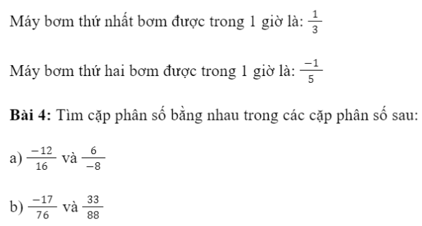 CHƯƠNG 5: PHÂN SỐBÀI 1: PHÂN SỐ VỚI TỬ SỐ VÀ MẪU SỐ LÀ SỐ NGUYÊN1. Mở rộng khái niệm phân sốBài 1: Ba người cùng góp vốn để thành lập một công ty. Số tiền góp vốn của mỗi người bằng nhau. Kết quả kinh doanh ba năm đầu của công ty được nêu ở hình trên.a) Dùng số nguyên (có cả số âm) thích hợp để biểu thị số tiền chỉ kết quả kinh doanh của công ty mỗi năm.b) Nếu chia đều số tiền đó cho những người góp vốn, mỗi năm mỗi người thu được bao nhiêu triệu đồng?Giải nhanh:a) - Năm đầu tiên: −20 triệu đồng.- Năm thứ hai: 0- Năm thứ ba: 17 triệu đồng.Năm thứ 2: 0Bài 2: Hãy đọc mỗi phân số dưới đây và cho biết tử số và mẫu số của chúng.Giải nhanh:2. Phân số bằng nhauBài 1: Quan sát Hình a và Hình b dưới đây:b) Từ hai phân số bằng nhau được minh hoạ ở Hình a, hãy so sánh tích 3 . 8 với tích 4 . 6. Tương tự, với Hình b, sẽ so sánh các tích nào?Giải nhanh:Bài 2: Các cặp phân số sau đây có bằng nhau hay không? Vì sao?Giải nhanh:3. Biểu diễn ở dạng phân sốGiải nhanh:Bài 2: Biểu diễn các số –23; –57; 237 dưới dạng phân số.Giải nhanh:4. Bài tập