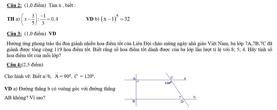 KHUNG MA TRẬN ĐỀ KIỂM TRA GIỮA HỌC KỲ 1 MÔN: TOÁN 7 – CÁNH DIỀUTTChủ đềNội dung/Đơn vị kiến thứcMức độ đánh giáTổng % điểmNhận biếtThông hiểuVận dụngVận dụng caoTNKQTLTNKQTLTNKQTLTNKQTL1Số hữu tỉ.Số thực 1.1. Tập hợp Q các số hữu tỉ 1(0,25)       60%6 1.2. Các phép tính với số hữu tỉ  1(0,25)3(1,5đ) 2(1đ)  1.3. Tỉ lệ thức1(0,25)      1(1đ)1.4. Tính chất dãy tỉ số bằng nhau1(0,25)    1(1đ)  1.5. Làm tròn số1(0,25)       1.6. Số vô tỉ. Số thực1(0,25)       2 Góc. Đường thẳng song song2.1. Hai góc đối đỉnh1(0,25)       40%4 2.2. Hai đường thẳng vuông góc1(0,25)       2.3. Hai đường thẳng song song  2(0,5)2(1,5đ)     2.4. Tiên đề Ơ-clit về đường thẳng song song1(0,25)       2.5. Từ vuông góc đến song song1(0,25)    1(1đ)  Tổng2,2500,753 30110Tỉ lệ %22,5%37,5%30%10%100Tỉ lệ chung60%40%100BẢNG ĐẶC TẢ ĐẺ KIÊM TRA GIỮA KỲ 1 MÔN: TOÁN 7 – CÁNH DIỀU STTNội dung kiến thứcĐơn vị kiến thứcMức độ kiến thức, kĩ năng cần kiểm tra, đánh giáSố câu hỏi theo mức độ nhân thức NB THVD VDC 1  Số hữu tỉ.Số thực 1.1. Tập hợp Q các số hữu tỉ                      Nhận biết:- Biết được số hữu tỉ là số viết được dưới dạngvới [1]- Nhận biết được mối quan hệ giữa các tập hợp số NZQ       1 (TN)   1.2. Các phép tính với số hữu tỉThông hiểu: - Biết các quy tắc cộng, trừ, nhân, chia, nâng lên luỹ thừa  đối với số hữu tỉ[2]Biết được quy tắc chuyển vế- Thực hiện được phép tính với số hữu tỉ trong trường hợp đơn giản; Sử dụng quy tắc chuyển vế để giải các bài toán dạng tìm thành phần chưa biết[1a-TL];[1b-TL];[2a-TL]- Vận dụng: Tính được giá trị của biểu thức với số hữu tỉ, sử dụng các tính chất của các phép toán để tính nhanh, tính đúng.Giải quyết được các bài tìm x trong phép toán nâng lên lũy thừa [1c-TL];[2b-TL]  1 (TN)3 (TL)2 (TL) 1.3. Tỉ lệ thức- Nhận biết: Biết định nghĩa tỉ lệ thức và hai tính chất của tỉ lệ thức[3]; [4]- Vận dụng cao: Chứng minh được các tỉ lệ thức[5-TL]2 (TN)  1 (TL)1.4. Tính chất dãy tỉ số bằng nhau- Vận dụng: Tìm các thành phần chưa biết; Giải quyết các bài toán thực tiễn[3-TL]    1 (TL) 1.5. Làm tròn số- Nhận biết: Biết quy ước làm tròn số[5] 1 (TN)   1.6. Số vô tỉ. Số thực        .6. Số vô tỉ. Số thực- Nhận biết: Biết được khái niệm căn bậc hai; Tìm được căn bậc hai của một số không âm;  biết được số thực là tên gọi chung cho cả số vô tỉ và số hữu tỉ; biết được biểu diễn thập phân của số thực[6] 1 (TN)   22. Đường thẳng vuông góc. Đường thẳng song song2.1. Hai góc đối đỉnh- Nhận biết: Nhận biết được hai góc đối đỉnh, tính chất của hai góc đối đỉnh[7] 1 (TN)   2.2. Hai đường thẳng vuông góc- Nhận biết: Biết được thế nào là hai đt’vuông góc với nhau [8] 1 (TN)   2.3. Hai đường thẳng song songThông hiểu: - Nhận biết cặp góc so le trong, cặp góc đồng vị, cặp góc trong cùng phía [9]- Hiểu được định nghĩa, dấu hiệu nhận biết về hai đường thẳng song song; Sử dụng tính chất để tính số đo các góc[12] [4b-TL] [4c-TL] 2 (TN)2(TL)  2.4. Tiên đề Ơ-clit về đường  thẳng song song- Nhận biết: Biết về tính chất hai đường thẳng song song[10]  1 (TN)   2.5. Từ vuông góc đến song song- Nhận biết: Biết quan hệ giữa hai đt’ cùng vuông góc hoặc cùng song song với một đt’ thứ ba. [11]- Vận dụng: Sử dụng các tính chất để tính số đo góc, giải thích các đường thẳng song song[4a-TL]  1 (TN) 1 (TL) ĐỀ KIỂM TRA GIỮA HỌC KÌ 1