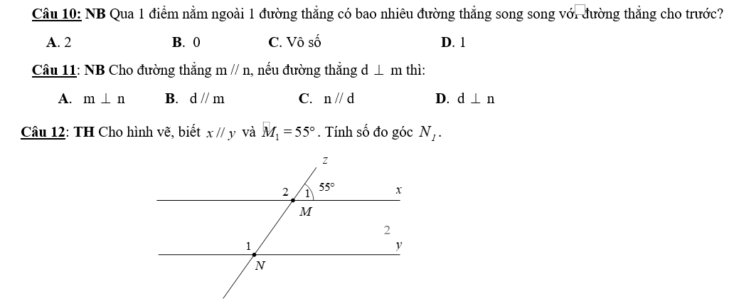 KHUNG MA TRẬN ĐỀ KIỂM TRA GIỮA HỌC KỲ 1 MÔN: TOÁN 7 – CÁNH DIỀUTTChủ đềNội dung/Đơn vị kiến thứcMức độ đánh giáTổng % điểmNhận biếtThông hiểuVận dụngVận dụng caoTNKQTLTNKQTLTNKQTLTNKQTL1Số hữu tỉ.Số thực 1.1. Tập hợp Q các số hữu tỉ 1(0,25)       60%6 1.2. Các phép tính với số hữu tỉ  1(0,25)3(1,5đ) 2(1đ)  1.3. Tỉ lệ thức1(0,25)      1(1đ)1.4. Tính chất dãy tỉ số bằng nhau1(0,25)    1(1đ)  1.5. Làm tròn số1(0,25)       1.6. Số vô tỉ. Số thực1(0,25)       2 Góc. Đường thẳng song song2.1. Hai góc đối đỉnh1(0,25)       40%4 2.2. Hai đường thẳng vuông góc1(0,25)       2.3. Hai đường thẳng song song  2(0,5)2(1,5đ)     2.4. Tiên đề Ơ-clit về đường thẳng song song1(0,25)       2.5. Từ vuông góc đến song song1(0,25)    1(1đ)  Tổng2,2500,753 30110Tỉ lệ %22,5%37,5%30%10%100Tỉ lệ chung60%40%100BẢNG ĐẶC TẢ ĐẺ KIÊM TRA GIỮA KỲ 1 MÔN: TOÁN 7 – CÁNH DIỀU STTNội dung kiến thứcĐơn vị kiến thứcMức độ kiến thức, kĩ năng cần kiểm tra, đánh giáSố câu hỏi theo mức độ nhân thức NB THVD VDC 1  Số hữu tỉ.Số thực 1.1. Tập hợp Q các số hữu tỉ                      Nhận biết:- Biết được số hữu tỉ là số viết được dưới dạngvới [1]- Nhận biết được mối quan hệ giữa các tập hợp số NZQ       1 (TN)   1.2. Các phép tính với số hữu tỉThông hiểu: - Biết các quy tắc cộng, trừ, nhân, chia, nâng lên luỹ thừa  đối với số hữu tỉ[2]Biết được quy tắc chuyển vế- Thực hiện được phép tính với số hữu tỉ trong trường hợp đơn giản; Sử dụng quy tắc chuyển vế để giải các bài toán dạng tìm thành phần chưa biết[1a-TL];[1b-TL];[2a-TL]- Vận dụng: Tính được giá trị của biểu thức với số hữu tỉ, sử dụng các tính chất của các phép toán để tính nhanh, tính đúng.Giải quyết được các bài tìm x trong phép toán nâng lên lũy thừa [1c-TL];[2b-TL]  1 (TN)3 (TL)2 (TL) 1.3. Tỉ lệ thức- Nhận biết: Biết định nghĩa tỉ lệ thức và hai tính chất của tỉ lệ thức[3]; [4]- Vận dụng cao: Chứng minh được các tỉ lệ thức[5-TL]2 (TN)  1 (TL)1.4. Tính chất dãy tỉ số bằng nhau- Vận dụng: Tìm các thành phần chưa biết; Giải quyết các bài toán thực tiễn[3-TL]    1 (TL) 1.5. Làm tròn số- Nhận biết: Biết quy ước làm tròn số[5] 1 (TN)   1.6. Số vô tỉ. Số thực        .6. Số vô tỉ. Số thực- Nhận biết: Biết được khái niệm căn bậc hai; Tìm được căn bậc hai của một số không âm;  biết được số thực là tên gọi chung cho cả số vô tỉ và số hữu tỉ; biết được biểu diễn thập phân của số thực[6] 1 (TN)   22. Đường thẳng vuông góc. Đường thẳng song song2.1. Hai góc đối đỉnh- Nhận biết: Nhận biết được hai góc đối đỉnh, tính chất của hai góc đối đỉnh[7] 1 (TN)   2.2. Hai đường thẳng vuông góc- Nhận biết: Biết được thế nào là hai đt’vuông góc với nhau [8] 1 (TN)   2.3. Hai đường thẳng song songThông hiểu: - Nhận biết cặp góc so le trong, cặp góc đồng vị, cặp góc trong cùng phía [9]- Hiểu được định nghĩa, dấu hiệu nhận biết về hai đường thẳng song song; Sử dụng tính chất để tính số đo các góc[12] [4b-TL] [4c-TL] 2 (TN)2(TL)  2.4. Tiên đề Ơ-clit về đường  thẳng song song- Nhận biết: Biết về tính chất hai đường thẳng song song[10]  1 (TN)   2.5. Từ vuông góc đến song song- Nhận biết: Biết quan hệ giữa hai đt’ cùng vuông góc hoặc cùng song song với một đt’ thứ ba. [11]- Vận dụng: Sử dụng các tính chất để tính số đo góc, giải thích các đường thẳng song song[4a-TL]  1 (TN) 1 (TL) ĐỀ KIỂM TRA GIỮA HỌC KÌ 1