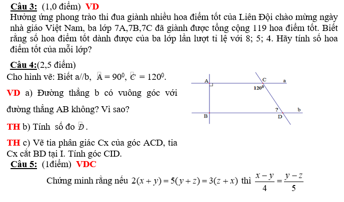 KHUNG MA TRẬN ĐỀ KIỂM TRA GIỮA HỌC KỲ 1 MÔN TOÁN: LỚP 7 – CÁNH DIỀUTTChủ đềNội dung/Đơn vị kiến thứcMức độ đánh giáTổng % điểmNhận biếtThông hiểuVận dụngVận dụng caoTNKQTLTNKQTLTNKQTLTNKQTL1Số hữu tỉ.Số thực 1.1. Tập hợp Q các số hữu tỉ 1(0,25)       60%6 1.2. Các phép tính với số hữu tỉ  1(0,25)3(1,5đ) 2(1đ)  1.3. Tỉ lệ thức1(0,25)      1(1đ)1.4. Tính chất dãy tỉ số bằng nhau1(0,25)    1(1đ)  1.5. Làm tròn số1(0,25)       1.6. Số vô tỉ. Số thực1(0,25)       2 Góc. Đường thẳng song song2.1. Hai góc đối đỉnh1(0,25)       40%4 2.2. Hai đường thẳng vuông góc1(0,25)       2.3. Hai đường thẳng song song  2(0,5)2(1,5đ)     2.4. Tiên đề Ơ-clit về đường thẳng song song1(0,25)       2.5. Từ vuông góc đến song song1(0,25)    1(1đ)  Tổng2,2500,753 30110Tỉ lệ %22,5%37,5%30%10%100Tỉ lệ chung60%40%100BẢNG ĐẶC TẢ ĐẺ KIÊM TRA GIỮA KỲ 1 