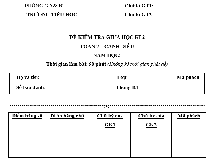 HƯỚNG DẪN CHẤM KIỂM TRA GIỮA HỌC KÌ 2MÔN: TOÁN 7 – CÁNH DIỀUI. Bảng đáp án trắc nghiệm1. C2. D3. B4. A5. B6. C7. A8. D9. C10. B11. A12. DII. Hướng dẫn giải trắc nghiệmCâu 4.Tổng tỉ số phần trăm số học sinh chọn món Trà và Bánh rán là:26% + 15% = 41%.Câu 6.Gọi số kết quả thuận lợi của biến cố đó là k.Khi đó xác suất của biến cố đó là Theo bài ta có: Suy ra k = 4.Vậy số kết quả thuận lợi của biến cố là 4.Câu 9.Vì ∆ABC = ∆MNP nên:(các góc tương ứng bằng nhau)AB = MN; BC = NP; AC = MP (các cạnh tương ứng bằng nhau)Vậy AB = MP là khẳng định sai.Câu 11.Vì tam giác ABC và tam giác NPM có BC = PM; Nên để tam giác ABC bằng tam giác NPM theo trường hợp cạnh – góc – cạnh cần thêm điều kiện AC = NM. (Do là góc xen giữa hai cạnh BC và AC; là góc xen giữa hai cạnh PM và NM).Câu 12.Xét hai tam giác vuông BHM và CKM cóBM = CM (vì M là trung điểm của BC)(hai góc đối đỉnh)Suy ra ∆BHM và ∆CKM (cạnh huyền – góc nhọn).Do đó BH = CK (hai cạnh tương ứng).I. PHẦN TỰ LUẬN (7,0 điểm)Bài 1. (2,0 điểm)a) Bảng thống kê này chưa hợp lí:• Số học sinh lớp 7A1 tham gia ngoại khoá (42 học sinh) vượt quá sĩ số của lớp (39 học sinh);• Tổng số học sinh tham gia ngoại khoá của các lớp là:42 + 10 + 15 + 26 = 93 (học sinh).Tổng số học sinh tham gia ngoại khoá của các lớp (93 học sinh) lớn hơn số học sinh ở phần tổng (60 học sinh) nên bảng thống kê này chưa hợp lí.b) Bảng thống kê này chưa hợp lí vì tỉ lệ phần trăm kết quả kiểm tra thường xuyên không thể vượt quá 100% (cột tỉ lệ phần trăm kiểm tra thường xuyên môn Toán đợt 1 dưới 3,5 điểm là 200% vượt quá 100%) và tổng các loại phải đúng bằng 100%.Bài 2. (1,0 điểm)Tập hợp các kết quả có thể xảy ra là: {1; 2; 3; … ; 47; 48}. Có 48 kết quả.Trong các số trên, số chính phương là: 1; 4; 9; 16; 25; 36.Do đó có 6 kết quả thuận lợi.Khi đó, xác suất của biến cố đã cho là: Vậy xác suất của biến cố “Số xuất hiện trên thẻ được rút ra là số chính phương” bằng Bài 3. (3,0 điểm)Xét ∆BDF và ∆EDC có:AE = AB (giả thiết)(vì AD là tia phân giác của Cạnh AD chungDo đó ∆BDF = ∆EDC (c.g.c).Suy ra BD = ED (hai cạnh tương ứng); (hai cạnh tương ứng).Mặt khác  nên Ta có AF = AC, AB = AE suy ra BF = EC.Xét ∆BDF và ∆EDC có:BF = EC (chứng minh trên)(chứng minh trên)BD = ED (chứng minh trên)Do đó ∆BDF = ∆EDC (c.g.c).b) Từ câu a: ∆BDF = ∆EDC suy ra  (hai góc tương ứng).Mà  nên Do đó ba điểm F, D, E thẳng hàng.c) Gọi H là giao điểm của AD và CF.Xét ∆AHF và ∆AHC có:AF = AC (giả thiết) (vì AD là tia phân giác của )Cạnh AH chungDo đó ∆AHF = ∆AHC (c.g.c).Suy ra  (hai cạnh tương ứng).Mà suy ra Vậy AH ⊥ FC hay AD ⊥ FC.Bài 4. (1,0 điểm)a) Số lượng gạo trắng được xuất khẩu năm 2020 là: 6,5 . 45,2% = 2,938 (triệu tấn).Số lượng gạo nếp được xuất khẩu năm 2020 là: 6,5 . 9% = 0,585 (triệu tấn).Vậy số lượng gạo trắng và số lượng gạo nếp được xuất khẩu năm 2020 lần lượt là 2,938 triệu tấn và 0,585 triệu tấn.b) Số lượng gạo thơm được xuất khẩu là: 6,5 . 26,8% = 1,742 (triệu tấn).Tỉ số phần trăm số lượng gạo trắng xuất khẩu nhiều hơn số lượng gạo thơm là:2,938 – 1,742 = 1,196 (triệu tấn).Vậy số lượng gạo trắng xuất khẩu nhiều hơn số lượng gạo thơm 1,196 triệu tấn.TRƯỜNG TIỂU HỌC ......................................MA TRẬN CHẤM KIỂM TRA GIỮA HỌC KÌ 2MÔN: TOÁN 7 – CÁNH DIỀUSTTNội dung kiến thứcĐơn vị kiến thứcMức độ kiến thức, kĩ năng cần kiểm tra, đánh giáTổng% điểmNhận biếtThông hiểuVận dụngVận dụng caoTNTLTNTLTNTLTNTL1Một số yếu tố thống kê và xác suấtMột số yếu tố thống kê4  2   255%Một số yếu tố xác suất1 1  1  2Tam giácTổng các góc của một tam giác. Quan hệ giữa góc và cạnh đối diện. Bất đẳng thức tam giác2       45%Hai tam giác bằng nhau. Ba trường hợp bằng nhau của tam giác3 12 1   Tổng: Số câuĐiểm10(2,5đ) 2(0,5đ)4(4,0đ) 2(2,0đ) 2(1,0đ)2010Tỉ lệ25%45%20%10%100%Tỉ lệ chung70%30%100%Lưu ý:− Các câu hỏi ở cấp độ nhận biết và thông hiểu là các câu hỏi trắc nghiệm khách quan 4 lựa chọn, trong đó có duy nhất 1 lựa chọn đúng.− Các câu hỏi ở cấp độ thông hiểu, vận dụng và vận dụng cao là câu hỏi tự luận.− Số điểm tính cho 1 câu trắc nghiệm là 0,25 điểm/câu; số điểm của câu tự luận được quy định trong hướng dẫn chấm nhưng phải tương ứng với tỉ lệ điểm được quy định trong ma trận.TRƯỜNG TIỂU HỌC ......................................BẢN ĐẶC TẢ MA TRẬN ĐỀ KIỂM TRA CUỐI HỌC KÌ 2