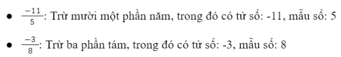 CHƯƠNG 5: PHÂN SỐBÀI 1: PHÂN SỐ VỚI TỬ SỐ VÀ MẪU SỐ LÀ SỐ NGUYÊN1. Mở rộng khái niệm phân sốBài 1: Ba người cùng góp vốn để thành lập một công ty. Số tiền góp vốn của mỗi người bằng nhau. Kết quả kinh doanh ba năm đầu của công ty được nêu ở hình trên.a) Dùng số nguyên (có cả số âm) thích hợp để biểu thị số tiền chỉ kết quả kinh doanh của công ty mỗi năm.b) Nếu chia đều số tiền đó cho những người góp vốn, mỗi năm mỗi người thu được bao nhiêu triệu đồng?Giải nhanh:a) - Năm đầu tiên: −20 triệu đồng.- Năm thứ hai: 0- Năm thứ ba: 17 triệu đồng.Năm thứ 2: 0Bài 2: Hãy đọc mỗi phân số dưới đây và cho biết tử số và mẫu số của chúng.Giải nhanh:2. Phân số bằng nhauBài 1: Quan sát Hình a và Hình b dưới đây:b) Từ hai phân số bằng nhau được minh hoạ ở Hình a, hãy so sánh tích 3 . 8 với tích 4 . 6. Tương tự, với Hình b, sẽ so sánh các tích nào?Giải nhanh:Bài 2: Các cặp phân số sau đây có bằng nhau hay không? Vì sao?Giải nhanh:3. Biểu diễn ở dạng phân sốGiải nhanh:Bài 2: Biểu diễn các số –23; –57; 237 dưới dạng phân số.Giải nhanh:4. Bài tập