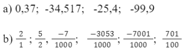 CHƯƠNG 6: SỐ THẬP PHÂNBÀI 1: Số Thập Phân1. Số thập phân âmGiải nhanh:a) -38,83 độ Cb) Mẫu số đều là lũy thừa của 10Bài 2: a) Viết các phân số thập phân sau đây dưới dạng số thập phân:…b) Viết các số thập phân sau đây dưới dạng phân số thập phân:2;  2,5; −0,007;  −3,053;  −7,001;  7,01.Giải nhanh:2. Số đối của một số thập phânGiải nhanh:Bài 2: Tìm số đối của các số thập phân sau:7,02;  −28,12;  −0,69;  0,999Giải nhanh:-7,02;  28,12;  0,69; - 0,9993. So sánh hai số thập phânBài 1: Viết các số sau đây dưới dạng phân số thập phân và sắp xếp các số đó theo thứ tự từ bé đến lớn.11,34; 9,35; −11,34; −9,35.Giải nhanh:=> -11,34; -9,35,  9,35; 11,34Bài 2:a) Hãy sắp xếp các số thập phân sau theo thứ tự tăng dần:−12,13; −2,4; 0,5; −2,3; 2,4.b) Hãy sắp xếp các số thập phân sau theo thứ tự giảm dần:−2,9; −2,999; 2,9; 2,999.Giải nhanh:a) -12,13; -2,4; -2,3; 0,5; 2,4b) 2,999; 2,9; -2,9; -2,999Bài 3: Hãy sắp xếp nhiệt độ đông đặc của các chất sau từ thấp đến cao:Giải nhanh:Rượu: −114,1 độ C; thủy ngân: −38,83 độ C; nước: 0 độ C; băng phiến: 80,26 độ C4. Bài tập