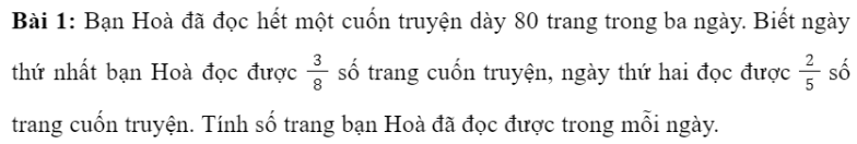 BÀI 6: GIÁ TRỊ PHÂN SỐ CỦA MỘT SỐ 1. Tính giá trị phân số của một số Giải nhanh:Ngày thứ nhất là: 30 trangNgày thứ nhất là: 32 trangNgày thứ ba là: 18 trangGiải nhanh:2. Tìm một số khi biết giá trị phân số của số đóGiải nhanh:Giải nhanh:3. Bài tập