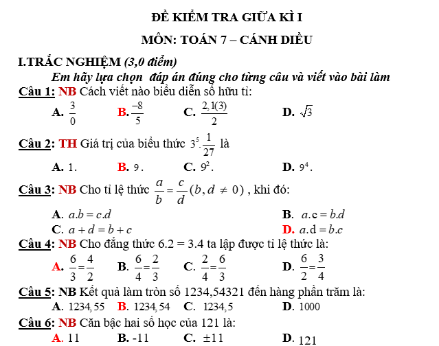 KHUNG MA TRẬN ĐỀ KIỂM TRA GIỮA HỌC KỲ 1 MÔN TOÁN: LỚP 7 – CÁNH DIỀUTTChủ đềNội dung/Đơn vị kiến thứcMức độ đánh giáTổng % điểmNhận biếtThông hiểuVận dụngVận dụng caoTNKQTLTNKQTLTNKQTLTNKQTL1Số hữu tỉ.Số thực 1.1. Tập hợp Q các số hữu tỉ 1(0,25)       60%6 1.2. Các phép tính với số hữu tỉ  1(0,25)3(1,5đ) 2(1đ)  1.3. Tỉ lệ thức1(0,25)      1(1đ)1.4. Tính chất dãy tỉ số bằng nhau1(0,25)    1(1đ)  1.5. Làm tròn số1(0,25)       1.6. Số vô tỉ. Số thực1(0,25)       2 Góc. Đường thẳng song song2.1. Hai góc đối đỉnh1(0,25)       40%4 2.2. Hai đường thẳng vuông góc1(0,25)       2.3. Hai đường thẳng song song  2(0,5)2(1,5đ)     2.4. Tiên đề Ơ-clit về đường thẳng song song1(0,25)       2.5. Từ vuông góc đến song song1(0,25)    1(1đ)  Tổng2,2500,753 30110Tỉ lệ %22,5%37,5%30%10%100Tỉ lệ chung60%40%100BẢNG ĐẶC TẢ ĐẺ KIÊM TRA GIỮA KỲ 1 