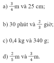 BÀI 4: TỈ SỐ VÀ TỈ SỐ PHẦN TRĂM1. Tỉ số của hai đại lượngBài 1: a) Mai và Lan thi nhau giải cùng một bài toán. Mai làm xong trong 45 phút, Lan làm xong trong 30 phút. Hỏi thời gian Mai làm lâu gấp bao nhiêu lần thời gian Lan làm?b) Trí và Dũng mỗi em câu được một con cá lóc. Con cá của Trí cân nặng 900g, con cá của Dũng nặng 1,3 kg. Hỏi con cá của Dũng nặng gấp bao nhiêu lần con cá của Trí?Giải nhanh:Bài 2: Tính tỉ số của hai đại lượng được cho trong các trường hợp sau:Giải nhanh:Bài 3: Mẹ của bạn Lan hướng dẫn Lan đong nước và gạo nấu cơm như sau: Đong 2 bát gạo và 2 bát rưỡi nước. Em hãy tính tỉ số giữa thể tích nước và gạo trong cách nấu cơm này.Giải nhanh:2. Tỉ số phần trăm của hai đại lượngBài 1: a) Tính tỉ số thích hợp thay vào “?” để có các cặp tỉ số sau bằng nhau.b) Cơ thể người có khoảng 70100 là nước. Hùng cân nặng 40 kg, em hãy cho biết khối lượng nước có trong cơ thể Hùng.Giải nhanh:Bài 2: Tính tỉ số phần trăm của hai số cho trong mỗi trường hợp sau:Giải nhanh:a)  75 %b) -1,33%c)  50 %Bài 3: Một cửa hàng có doanh thu tháng Tư là 400 triệu đồng, doanh thu tháng Năm là 500 triệu đồng. Tính tỉ số phần trăm của doanh thu tháng Năm so với tháng Tư.Giải nhanh:80%3. Bài tập