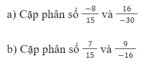 CHƯƠNG 5: PHÂN SỐBÀI 1: PHÂN SỐ VỚI TỬ SỐ VÀ MẪU SỐ LÀ SỐ NGUYÊN1. Mở rộng khái niệm phân sốBài 1: Ba người cùng góp vốn để thành lập một công ty. Số tiền góp vốn của mỗi người bằng nhau. Kết quả kinh doanh ba năm đầu của công ty được nêu ở hình trên.a) Dùng số nguyên (có cả số âm) thích hợp để biểu thị số tiền chỉ kết quả kinh doanh của công ty mỗi năm.b) Nếu chia đều số tiền đó cho những người góp vốn, mỗi năm mỗi người thu được bao nhiêu triệu đồng?Giải nhanh:a) - Năm đầu tiên: −20 triệu đồng.- Năm thứ hai: 0- Năm thứ ba: 17 triệu đồng.Năm thứ 2: 0Bài 2: Hãy đọc mỗi phân số dưới đây và cho biết tử số và mẫu số của chúng.Giải nhanh:2. Phân số bằng nhauBài 1: Quan sát Hình a và Hình b dưới đây:b) Từ hai phân số bằng nhau được minh hoạ ở Hình a, hãy so sánh tích 3 . 8 với tích 4 . 6. Tương tự, với Hình b, sẽ so sánh các tích nào?Giải nhanh:Bài 2: Các cặp phân số sau đây có bằng nhau hay không? Vì sao?Giải nhanh:3. Biểu diễn ở dạng phân sốGiải nhanh:Bài 2: Biểu diễn các số –23; –57; 237 dưới dạng phân số.Giải nhanh:4. Bài tập