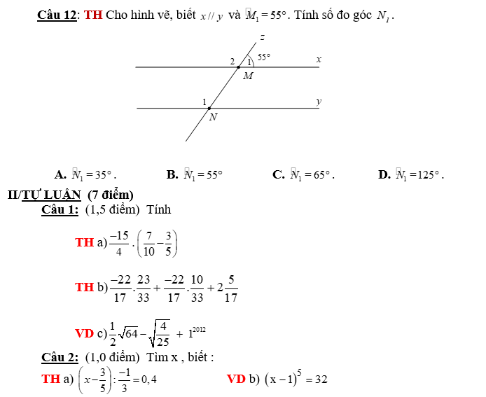 KHUNG MA TRẬN ĐỀ KIỂM TRA GIỮA HỌC KỲ 1 MÔN TOÁN: LỚP 7 – CÁNH DIỀUTTChủ đềNội dung/Đơn vị kiến thứcMức độ đánh giáTổng % điểmNhận biếtThông hiểuVận dụngVận dụng caoTNKQTLTNKQTLTNKQTLTNKQTL1Số hữu tỉ.Số thực 1.1. Tập hợp Q các số hữu tỉ 1(0,25)       60%6 1.2. Các phép tính với số hữu tỉ  1(0,25)3(1,5đ) 2(1đ)  1.3. Tỉ lệ thức1(0,25)      1(1đ)1.4. Tính chất dãy tỉ số bằng nhau1(0,25)    1(1đ)  1.5. Làm tròn số1(0,25)       1.6. Số vô tỉ. Số thực1(0,25)       2 Góc. Đường thẳng song song2.1. Hai góc đối đỉnh1(0,25)       40%4 2.2. Hai đường thẳng vuông góc1(0,25)       2.3. Hai đường thẳng song song  2(0,5)2(1,5đ)     2.4. Tiên đề Ơ-clit về đường thẳng song song1(0,25)       2.5. Từ vuông góc đến song song1(0,25)    1(1đ)  Tổng2,2500,753 30110Tỉ lệ %22,5%37,5%30%10%100Tỉ lệ chung60%40%100BẢNG ĐẶC TẢ ĐẺ KIÊM TRA GIỮA KỲ 1 