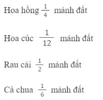 BÀI 60.PHÂN SỐTHỰC HÀNHBài 1: Viết rồi đọc phân số chỉ phần đã tô màu trong mỗi hình dưới đây. Với mỗi phân số, mẫu số cho biết gì, tử số chỉ gì?Đáp án chuẩn:Mẫu số cho biết có 8 chiếc lá bằng nhau. Tử số cho biết có 3 chiếc lá được tô màu. LUYỆN TẬPBài 1:Viết rồi đọc các phân số chỉ phần đã tô màu trong mỗi hình. Với mỗi phân số, mẫu số cho biết điều gì, tử số chỉ gì?Đáp án chuẩn: Bài 2:Tổ Hai được phân công trồng cây trên một mảnh đất. Các bạn chia mảnh đất thành 12 phần bằng nhau và trồng cây như sau:Viết phân số chỉ phần đất trồng mỗi loại cây trên mảnh đất.Đáp án chuẩn:Bài 3: Đáp án chuẩn:Câu đúng : a,b,dCâu sai: cVUI HỌC