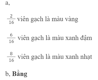 BÀI 73.EM LÀM ĐƯỢC NHỮNG GÌLUYỆN TẬPBài 1: Tính   Đáp án chuẩn:Bài 2:Số ?Các bạn học sinh lớp 4B cắt được một hộp hoa quả giấy gồm 3 loại màu: đỏ, hồng và vàng. Biểu đồ dưới đây thể hiện số phần mỗi loại hoa trong hộp.a, Phần hoa màu đỏ bằng ... hộp   Phần hoa màu hồng bằng ... hộp   Phần hoa màu vàng bằng ... hộpb, Phần hoa màu đỏ ít hơn phần hoa màu vàng là ... hộp    Tổng số phần hoa cả 3 màu là: ... hộp Đáp án chuẩn:Bài 3: Có ban bể chứa đầy nước, sau đó một số nước đã được dùng ở mỗi bể như hình dưới. Chọn phép tính phù hợp để tính số nước còn lại trong bể.Đáp án chuẩn:Bể 1 – phép tính  B Bể 2 – phép tính  C Bể 3– phép tính  ABài 4: Số ?Đáp án chuẩn:Bài 5: Đáp án chuẩn:THỬ THÁCH