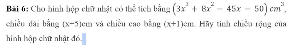 CHƯƠNG 7: BIỂU THỨC ĐẠI SỐBÀI 4: PHÉP NHÂN VÀ PHÉP CHIA ĐA THỨC MỘT BIẾN1. PHÉP NHÂN ĐA THỨC MỘT BIẾN Bài 1: Hãy dùng tính chất phân phối để thực hiện phép nhân x.(2x+3)Đáp án chuẩn:2x2+3xThực hành 1: Thực hiện phép nhân (4x - 3)(2x2 + 5x -6) Đáp án chuẩn:8x3 + 14x2 - 39x +18.Vận dụng 1: Tìm đa thức theo biến x biểu thị thể tích của hình hộp chữ nhật có kích thước như hình 2Đáp án chuẩn:(x - 2)(x + 3)(x - 1)2. PHÉP CHIA ĐA THỨC MỘT BIẾNĐáp án chuẩn:Thực hành 2: Thực hiện phép chia P(x) =6x2+4x cho Q(x) = 2xĐáp án chuẩn:3x+2Đáp án chuẩn:-2x-1 dư 0Thực hành 3: Thực hiện phép chia (x2+5x+9):(x+2)Đáp án chuẩn:x + 3 dư 3Vận dụng 3: Tính diện tích đáy của một hình hộp chữ nhật (Hình 3) có chiều cao bằng (x + 3) cm và có thể tích bằng (x3 + 8x2 + 19x+ 12) cm3.Đáp án chuẩn:x2 + 5x + 4.4. TÍNH CHẤT CỦA PHÉP ĐA THỨC MỘT BIẾNĐáp án chuẩn:x2+1.BÀI TẬP