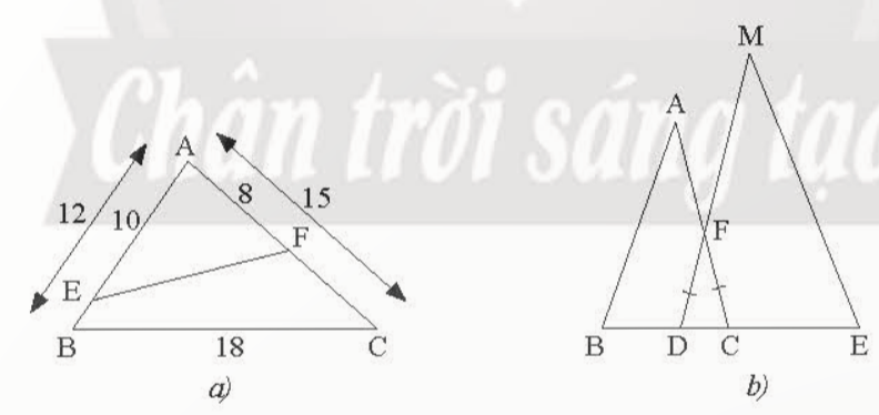 BÀI 2. CÁC TRƯỜNG HỢP ĐỒNG DẠNG CỦA HAI TAM GIÁC1. TRƯỜNG HỢP ĐỒNG DẠNG THỨ NHẤT (C.C.C)Bài 1:  Cho tam giác ABC và tam giác A B'C' có các kích thước như Hình 1. Trên cạnh AB và AC của tam giác ABC lần lượt lấy hai điểm M, N sao cho AM = 2 cm, AN = 3 cma) So sánh các tỉ số b) Tính độ dài đoạn thẳng MNc) Em có nhận xét gì về mối quan hệ giữa các tam giác ABC, AMN và A'B'C'Đáp án chuẩn:a)  b) MN = 4c) ΔAMN=ΔA′B′C′, ΔA′B′C′ ᔕ ΔABC và ΔAMN ᔕ ΔABCBài 2: Tìm trong Hình 4 các cặp tam giác đồng dạng Đáp án chuẩn: Hình b) và d) Hình a) và c) 2. TRƯỜNG HỢP ĐỒNG DẠNG THỨ HAI (C.G.C)Bài 1: Cho tam giác DEF và ABC có DE=  AB,DF= AC, (Hình 5). Trên tia AB, lấy điểm M sao cho AM = DE. Qua M kẻ MN // BC (N∈AC)a) So sánh các tỉ số b) So sánh AN và DFc) Tam giác AMN có đồng dạng với tam giác ABC không?d) Dự đoán sự đồng dạng của hai tam giác DEF và ABCĐáp án chuẩn: a) b) AN = DFc)  ΔAMN ᔕ ΔABCd) ΔDEF ᔕ ΔABCBài 2: Cho tam giác ADE và tam giác ACF có các kích thước như trong Hình 8. Chứng minh rằng ΔADE ᔕ ΔACFĐáp án chuẩn:  (hai góc đối đỉnh)=> ΔADE ᔕ ΔACF (c.g.c)3. TRƯỜNG HỢP ĐỒNG DẠNG THỨ BA (G.G)Bài 1: Cho hai tam giác ABC và A’B’C’ có ;  (Hình 9).Trên cạnh AC, Lấy điểm D sao cho DC = A'C'. Qua D kẻ đường thẳng song song với AB cắt cạnh BC tại E.a) Tam giác DEC có đồng dạng với tam giác ABC không?b) Nhận xét về mối quan hệ giữa tam giác A'B'C' và tam giác DECc) Dự đoán về sự đồng dạng của hai tam giác A'B'C' và ABCĐáp án chuẩn: a) DE // AB => ΔDEC ᔕ ΔABCb)  (cùng = A'C' = DC (gt) (gt)=> ΔA′B′C′=ΔDEC (g.c.g)c) ΔA′B′C′ᔕΔABCBài 2: Quan sát Hình 12.a) Chứng minh rằng ΔABC ᔕ ΔA′B′C′b) Tính độ dài B'C'Đáp án chuẩn: a)   => ΔABCᔕΔA′B′C′ (g.g)b) B'C' = 9Bài 3: Cho hình thang ABCD (AB // CD) có AB = 6m, CD = 15m, OD = 8m (Hình 13). Tính độ dài đoạn thẳng OBĐáp án chuẩn:OB = Bài 4: Qua các trường hợp đồng dạng của hai tam giác, hãy trả lời câu hỏi ở Hoạt động khởi động (trang 67)Đáp án chuẩn: Trường hợpHai tam giác bằng nhauHai tam giác đồng dạng13 cạnh tương ứng bằng nhau3 cạnh tương ứng tỉ lệ22 cạnh tương ứng và một góc kề với hai cạnh bằng nhau2 cạnh tương ứng tỉ lệ31 cạnh và 2 góc kề tương ứng bằng nhauChỉ 2 góc bằng nhau, không cần có điều kiện cạnhBÀI TẬP CUỐI SGKBài 1: a) Tam giác AFE và MNG ở Hình 14 có đồng dạng với nhau không? Vì sao?b) Biết tam giác AFE có chu vi bằng 15 cm. Tính chu vi tam giác MNGĐáp án chuẩn:a)  =  => ΔAFE ᔕ ΔMNGb) Chu vi MNG = 15 . 3 = 45 (cm)Bài 2: Tam giác ABC có độ dài AB = 4 cm, AC = 6 cm, BC = 9 cm. Tam giác A'B'C' đồng dạng với tam giác ABC và có chu vi bằng 66,5 cm. Hãy tính độ dài các cạnh của tam giác A'B'C'Đáp án chuẩn: A′B′ = 14, A′C′ = 21, B′C′ = Bài 3: Một công viên có hai đường chạy bộ hình tam giác đồng dạng như Hình 15. Kích thước của con đường bên trong lần lượt là 300 m, 350 m và 550 m. Cạnh ngắn nhất của con đường bên ngoài là 660 m. Nam chạy bốn vòng trên con đường bên trong, Hùng chạy hai vòng trên con đường bên ngoài. So sánh quãng đường chạy được của hai bạn.Đáp án chuẩn: Bằng nhauBài 4: Xét xem cặp tam giác nào trong các Hình 16a, 16b đồng dạng?Đáp án chuẩn:a) ΔDEF ᔕ ΔABC (c.g.c)b) Hai tam giác này không đồng dạngBài 5: Trong Hình 17, cho biết DE = 6 cm, EF= 7,8 cm, NP = 13 cm, NM = 10 cm,   và  = 420. Tính Đáp án chuẩn: = 420 BÀI 2. CÁC TRƯỜNG HỢP ĐỒNG DẠNG CỦA HAI TAM GIÁC