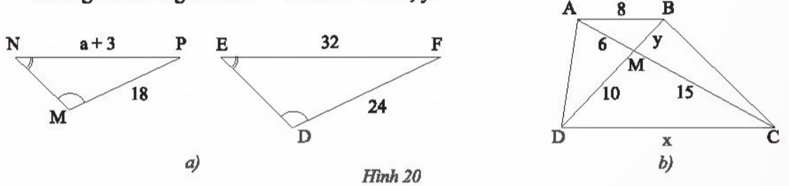 BÀI 2. CÁC TRƯỜNG HỢP ĐỒNG DẠNG CỦA HAI TAM GIÁC1. TRƯỜNG HỢP ĐỒNG DẠNG THỨ NHẤT (C.C.C)Bài 1:  Cho tam giác ABC và tam giác A B'C' có các kích thước như Hình 1. Trên cạnh AB và AC của tam giác ABC lần lượt lấy hai điểm M, N sao cho AM = 2 cm, AN = 3 cma) So sánh các tỉ số b) Tính độ dài đoạn thẳng MNc) Em có nhận xét gì về mối quan hệ giữa các tam giác ABC, AMN và A'B'C'Đáp án chuẩn:a)  b) MN = 4c) ΔAMN=ΔA′B′C′, ΔA′B′C′ ᔕ ΔABC và ΔAMN ᔕ ΔABCBài 2: Tìm trong Hình 4 các cặp tam giác đồng dạng Đáp án chuẩn: Hình b) và d) Hình a) và c) 2. TRƯỜNG HỢP ĐỒNG DẠNG THỨ HAI (C.G.C)Bài 1: Cho tam giác DEF và ABC có DE=  AB,DF= AC, (Hình 5). Trên tia AB, lấy điểm M sao cho AM = DE. Qua M kẻ MN // BC (N∈AC)a) So sánh các tỉ số b) So sánh AN và DFc) Tam giác AMN có đồng dạng với tam giác ABC không?d) Dự đoán sự đồng dạng của hai tam giác DEF và ABCĐáp án chuẩn: a) b) AN = DFc)  ΔAMN ᔕ ΔABCd) ΔDEF ᔕ ΔABCBài 2: Cho tam giác ADE và tam giác ACF có các kích thước như trong Hình 8. Chứng minh rằng ΔADE ᔕ ΔACFĐáp án chuẩn:  (hai góc đối đỉnh)=> ΔADE ᔕ ΔACF (c.g.c)3. TRƯỜNG HỢP ĐỒNG DẠNG THỨ BA (G.G)Bài 1: Cho hai tam giác ABC và A’B’C’ có ;  (Hình 9).Trên cạnh AC, Lấy điểm D sao cho DC = A'C'. Qua D kẻ đường thẳng song song với AB cắt cạnh BC tại E.a) Tam giác DEC có đồng dạng với tam giác ABC không?b) Nhận xét về mối quan hệ giữa tam giác A'B'C' và tam giác DECc) Dự đoán về sự đồng dạng của hai tam giác A'B'C' và ABCĐáp án chuẩn: a) DE // AB => ΔDEC ᔕ ΔABCb)  (cùng = A'C' = DC (gt) (gt)=> ΔA′B′C′=ΔDEC (g.c.g)c) ΔA′B′C′ᔕΔABCBài 2: Quan sát Hình 12.a) Chứng minh rằng ΔABC ᔕ ΔA′B′C′b) Tính độ dài B'C'Đáp án chuẩn: a)   => ΔABCᔕΔA′B′C′ (g.g)b) B'C' = 9Bài 3: Cho hình thang ABCD (AB // CD) có AB = 6m, CD = 15m, OD = 8m (Hình 13). Tính độ dài đoạn thẳng OBĐáp án chuẩn:OB = Bài 4: Qua các trường hợp đồng dạng của hai tam giác, hãy trả lời câu hỏi ở Hoạt động khởi động (trang 67)Đáp án chuẩn: Trường hợpHai tam giác bằng nhauHai tam giác đồng dạng13 cạnh tương ứng bằng nhau3 cạnh tương ứng tỉ lệ22 cạnh tương ứng và một góc kề với hai cạnh bằng nhau2 cạnh tương ứng tỉ lệ31 cạnh và 2 góc kề tương ứng bằng nhauChỉ 2 góc bằng nhau, không cần có điều kiện cạnhBÀI TẬP CUỐI SGKBài 1: a) Tam giác AFE và MNG ở Hình 14 có đồng dạng với nhau không? Vì sao?b) Biết tam giác AFE có chu vi bằng 15 cm. Tính chu vi tam giác MNGĐáp án chuẩn:a)  =  => ΔAFE ᔕ ΔMNGb) Chu vi MNG = 15 . 3 = 45 (cm)Bài 2: Tam giác ABC có độ dài AB = 4 cm, AC = 6 cm, BC = 9 cm. Tam giác A'B'C' đồng dạng với tam giác ABC và có chu vi bằng 66,5 cm. Hãy tính độ dài các cạnh của tam giác A'B'C'Đáp án chuẩn: A′B′ = 14, A′C′ = 21, B′C′ = Bài 3: Một công viên có hai đường chạy bộ hình tam giác đồng dạng như Hình 15. Kích thước của con đường bên trong lần lượt là 300 m, 350 m và 550 m. Cạnh ngắn nhất của con đường bên ngoài là 660 m. Nam chạy bốn vòng trên con đường bên trong, Hùng chạy hai vòng trên con đường bên ngoài. So sánh quãng đường chạy được của hai bạn.Đáp án chuẩn: Bằng nhauBài 4: Xét xem cặp tam giác nào trong các Hình 16a, 16b đồng dạng?Đáp án chuẩn:a) ΔDEF ᔕ ΔABC (c.g.c)b) Hai tam giác này không đồng dạngBài 5: Trong Hình 17, cho biết DE = 6 cm, EF= 7,8 cm, NP = 13 cm, NM = 10 cm,   và  = 420. Tính Đáp án chuẩn: = 420 BÀI 2. CÁC TRƯỜNG HỢP ĐỒNG DẠNG CỦA HAI TAM GIÁC