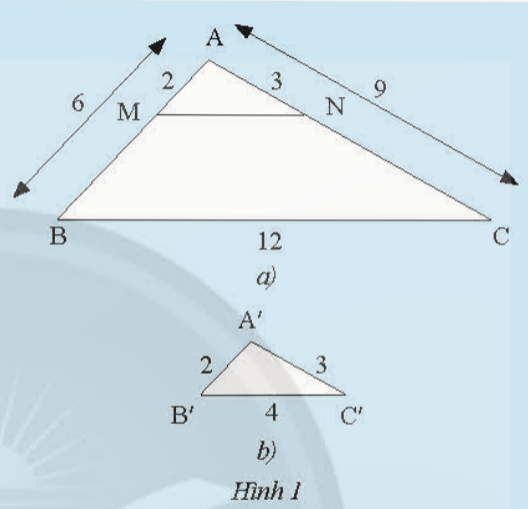 BÀI 2. CÁC TRƯỜNG HỢP ĐỒNG DẠNG CỦA HAI TAM GIÁC1. TRƯỜNG HỢP ĐỒNG DẠNG THỨ NHẤT (C.C.C)Bài 1:  Cho tam giác ABC và tam giác A B'C' có các kích thước như Hình 1. Trên cạnh AB và AC của tam giác ABC lần lượt lấy hai điểm M, N sao cho AM = 2 cm, AN = 3 cma) So sánh các tỉ số b) Tính độ dài đoạn thẳng MNc) Em có nhận xét gì về mối quan hệ giữa các tam giác ABC, AMN và A'B'C'Đáp án chuẩn:a)  b) MN = 4c) ΔAMN=ΔA′B′C′, ΔA′B′C′ ᔕ ΔABC và ΔAMN ᔕ ΔABCBài 2: Tìm trong Hình 4 các cặp tam giác đồng dạng Đáp án chuẩn: Hình b) và d) Hình a) và c) 2. TRƯỜNG HỢP ĐỒNG DẠNG THỨ HAI (C.G.C)Bài 1: Cho tam giác DEF và ABC có DE=  AB,DF= AC, (Hình 5). Trên tia AB, lấy điểm M sao cho AM = DE. Qua M kẻ MN // BC (N∈AC)a) So sánh các tỉ số b) So sánh AN và DFc) Tam giác AMN có đồng dạng với tam giác ABC không?d) Dự đoán sự đồng dạng của hai tam giác DEF và ABCĐáp án chuẩn: a) b) AN = DFc)  ΔAMN ᔕ ΔABCd) ΔDEF ᔕ ΔABCBài 2: Cho tam giác ADE và tam giác ACF có các kích thước như trong Hình 8. Chứng minh rằng ΔADE ᔕ ΔACFĐáp án chuẩn:  (hai góc đối đỉnh)=> ΔADE ᔕ ΔACF (c.g.c)3. TRƯỜNG HỢP ĐỒNG DẠNG THỨ BA (G.G)Bài 1: Cho hai tam giác ABC và A’B’C’ có ;  (Hình 9).Trên cạnh AC, Lấy điểm D sao cho DC = A'C'. Qua D kẻ đường thẳng song song với AB cắt cạnh BC tại E.a) Tam giác DEC có đồng dạng với tam giác ABC không?b) Nhận xét về mối quan hệ giữa tam giác A'B'C' và tam giác DECc) Dự đoán về sự đồng dạng của hai tam giác A'B'C' và ABCĐáp án chuẩn: a) DE // AB => ΔDEC ᔕ ΔABCb)  (cùng = A'C' = DC (gt) (gt)=> ΔA′B′C′=ΔDEC (g.c.g)c) ΔA′B′C′ᔕΔABCBài 2: Quan sát Hình 12.a) Chứng minh rằng ΔABC ᔕ ΔA′B′C′b) Tính độ dài B'C'Đáp án chuẩn: a)   => ΔABCᔕΔA′B′C′ (g.g)b) B'C' = 9Bài 3: Cho hình thang ABCD (AB // CD) có AB = 6m, CD = 15m, OD = 8m (Hình 13). Tính độ dài đoạn thẳng OBĐáp án chuẩn:OB = Bài 4: Qua các trường hợp đồng dạng của hai tam giác, hãy trả lời câu hỏi ở Hoạt động khởi động (trang 67)Đáp án chuẩn: Trường hợpHai tam giác bằng nhauHai tam giác đồng dạng13 cạnh tương ứng bằng nhau3 cạnh tương ứng tỉ lệ22 cạnh tương ứng và một góc kề với hai cạnh bằng nhau2 cạnh tương ứng tỉ lệ31 cạnh và 2 góc kề tương ứng bằng nhauChỉ 2 góc bằng nhau, không cần có điều kiện cạnhBÀI TẬP CUỐI SGKBài 1: a) Tam giác AFE và MNG ở Hình 14 có đồng dạng với nhau không? Vì sao?b) Biết tam giác AFE có chu vi bằng 15 cm. Tính chu vi tam giác MNGĐáp án chuẩn:a)  =  => ΔAFE ᔕ ΔMNGb) Chu vi MNG = 15 . 3 = 45 (cm)Bài 2: Tam giác ABC có độ dài AB = 4 cm, AC = 6 cm, BC = 9 cm. Tam giác A'B'C' đồng dạng với tam giác ABC và có chu vi bằng 66,5 cm. Hãy tính độ dài các cạnh của tam giác A'B'C'Đáp án chuẩn: A′B′ = 14, A′C′ = 21, B′C′ = Bài 3: Một công viên có hai đường chạy bộ hình tam giác đồng dạng như Hình 15. Kích thước của con đường bên trong lần lượt là 300 m, 350 m và 550 m. Cạnh ngắn nhất của con đường bên ngoài là 660 m. Nam chạy bốn vòng trên con đường bên trong, Hùng chạy hai vòng trên con đường bên ngoài. So sánh quãng đường chạy được của hai bạn.Đáp án chuẩn: Bằng nhauBài 4: Xét xem cặp tam giác nào trong các Hình 16a, 16b đồng dạng?Đáp án chuẩn:a) ΔDEF ᔕ ΔABC (c.g.c)b) Hai tam giác này không đồng dạngBài 5: Trong Hình 17, cho biết DE = 6 cm, EF= 7,8 cm, NP = 13 cm, NM = 10 cm,   và  = 420. Tính Đáp án chuẩn: = 420 BÀI 2. CÁC TRƯỜNG HỢP ĐỒNG DẠNG CỦA HAI TAM GIÁC