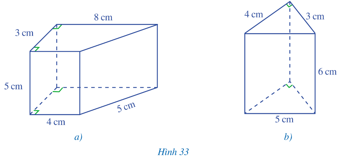 I. Hình lăng trụ đứng tam giácBài 1: Quan sát lăng trụ đứng tam giác ở Hình 22, đọc tên các mặt, các cạnh và các đỉnh của lăng trụ đứng tam giác đó. Đáp án chuẩn:5 mặt: ABC; A’B’C’; ABB’A’; BCC’B’; ACC’A’9 cạnh: AB; BC; CA; A’B’; B’C’; C’A’; AA’; BB’; CC’6 đỉnh: A; B; C; A’; B’; C’.Bài 2: Quan sát hình lăng trụ đứng tam giác ABC.A’B’C’ ở Hình 23 và thực hiện các hoạt động sau:a) Đáy dưới ABC và đáy trên A’B’C’ là hình gì?b) Mặt bên AA’C’C là hình gì?c) So sánh độ dài các cạnh bên AA’ và CC’ Đáp án chuẩn:a) Hình tam giác.b) Hình chữ nhật.c) Độ dài bằng nhau.II. Hình lăng trụ đứng tứ giác.Bài 1: Quan sát hình lăng trụ đứng tứ giác ở Hình 9, đọc tên các mặt, các cạnh, các đỉnh và các đường chéo của hình lăng trụ đứng tứ giác đó.Đáp án chuẩn:6 mặt: ABCD; A’B’C’D’; ABB’A’; ADD’A’; BCC’B’; CDD’C’.12 cạnh: AB; BC; CD; DA; A’B’; B’C’; C’D’; D’A’; AA’; BB’; CC’; DD’.8 đỉnh: A; B; C; D; A’; B’; C’; D’.Bài 2: Quan sát hình lập phương ABCD. A’B’C’D’ ở Hình 27 và cho biết:a) Đáy dưới ABCD và đáy trên A’B’C’D’ là hình gì?b) Mặt bên AA’D’D là hình gì?c) So sánh độ dài hai cạnh bên AA’ và DD’. Đáp án chuẩn:a) Hình tứ giácb) Hình chữ nhậtc) Bằng nhau.III. Thể tích và diện tích xung quanh của hình lăng trụ đứng tam giác, hình lăng trụ đứng tứ giác.Bài 1: Nêu công thức tính thể tích hình hộp chữ nhật ABCD.A’B’C’D’.Đáp án chuẩn:ShBài 2: Quan sát hình lăng trụ đứng tam giác (Hình 30). Trải mặt bên AA’C’C thành hình chữ nhật AA’MN. Trải mặt bên BB’C’C thành hình chữ nhật BB’QP.a) Tính diện tích hình chữ nhật MNPQb) So sánh diện tích của hình chữ nhật MNPQ với tích chu vi đáy của hình lăng trụ đứng tam giác ABC.A’B’C’ và chiều cao của hình lăng trụ đó.c) So sánh diện tích của hình chữ nhật MNPQ với diện tích xung quanh của hình lăng trụ đứng tam giác ABC.A’B’C’ Đáp án chuẩn:a) S. MNPQ = h.(b + c + a).b) Bằngc) BằngIV. Bài tập