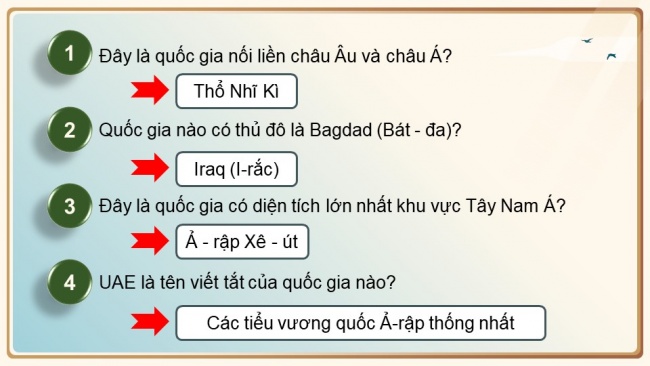 Soạn giáo án điện tử địa lí 11 Cánh diều Bài 14: Vị trí địa lí, điều kiện tự nhiên. dân cư, xã hội và kinh tế khu vực tây nam á