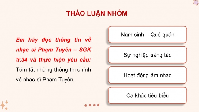 Soạn giáo án điện tử âm nhạc 4 cánh diều Tiết 16: Thường thức âm nhạc - Tác giả và tác phẩm: Nhạc sĩ Phạm Tuyên; Vận dụng