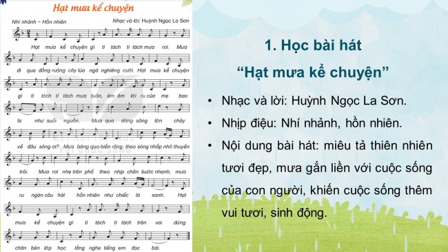 Soạn giáo án điện tử âm nhạc 4 KNTT Tiết 20: Hát: Hạt mưa kể chuyện; Ôn đọc nhạc: Bài số 3