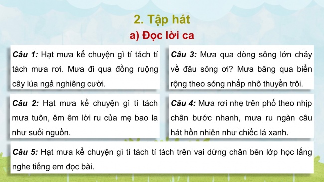 Soạn giáo án điện tử âm nhạc 4 KNTT Tiết 20: Hát: Hạt mưa kể chuyện; Ôn đọc nhạc: Bài số 3