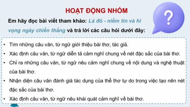 Soạn giáo án điện tử Ngữ văn 8 KNTT Bài 7 Viết: Viết đoạn văn ghi lại cảm nghĩ về một bài thơ tự do