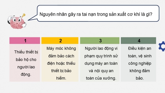 Soạn giáo án điện tử công nghệ cơ khí 11 Cánh diều Bài 14: An toàn lao động và bảo vệ môi trường trong sản xuất cơ khí