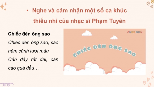 Soạn giáo án điện tử âm nhạc 4 cánh diều Tiết 16: Thường thức âm nhạc - Tác giả và tác phẩm: Nhạc sĩ Phạm Tuyên; Vận dụng