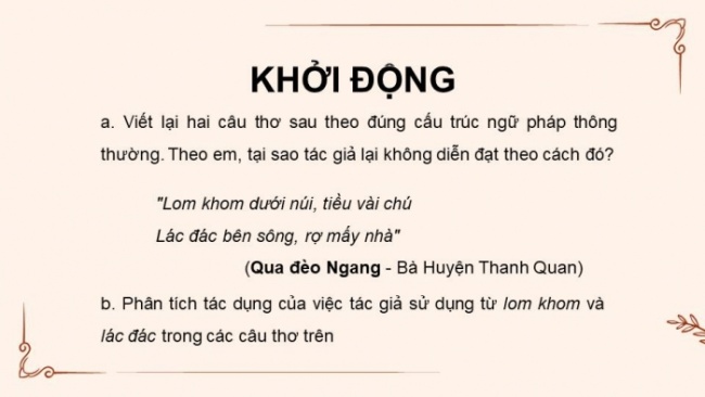 Soạn giáo án điện tử Ngữ văn 8 CD Bài 7 TH tiếng Việt: Đảo ngữ, câu hỏi tu từ, từ tượng hình, từ tượng thanh