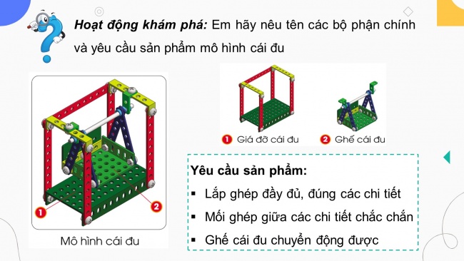 Soạn giáo án điện tử công nghệ 4 cánh diều Bài 9: Lắp ghép mô hình cái đu