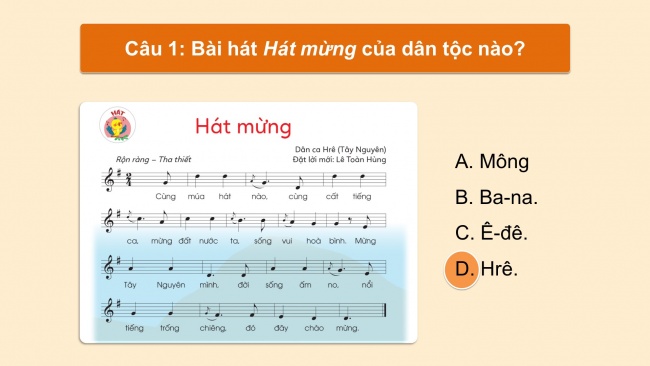 Soạn giáo án điện tử âm nhạc 4 cánh diều Tiết 20: Ôn tập bài hát: Hát mừng; Thường thức âm nhạc – Tìm hiểu nhạc cụ: Vi-ô-lông