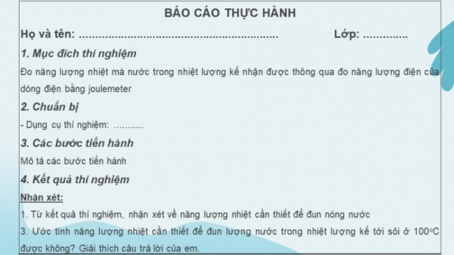 Soạn giáo án điện tử KHTN 8 KNTT Bài 27: Thực hành đo năng lượng nhiệt bằng joulemeter