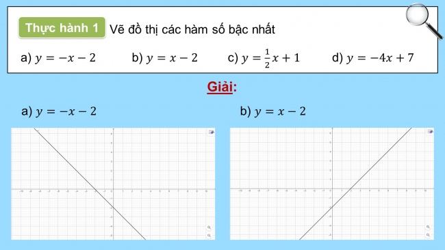 Soạn giáo án điện tử Toán 8 CTST HĐ thực hành trải nghiệm - Hoạt động 4: Vẽ đồ thị hàm số bậc nhất y = ax + b bằng phần mềm GeoGebra