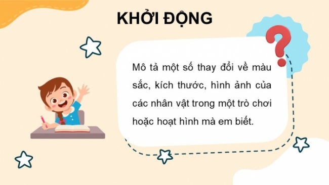 Soạn giáo án điện tử tin học 4 cánh diều Chủ đề F bài 6: Tạo chương trình có nhân vật thay đổi kích thước, màu sắc